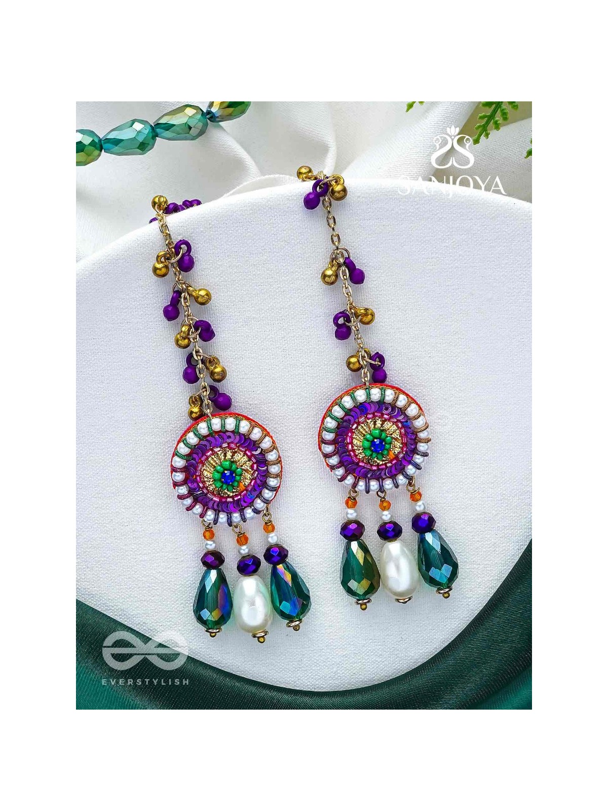 Pindalu - Majestic Plum Splendour - Beads, Sequins And Glass Drop Embroidered Earrings