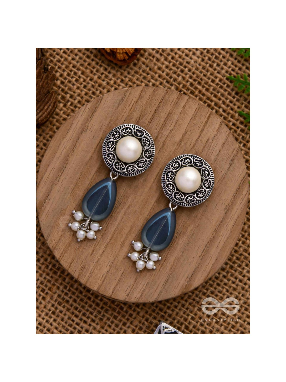 Marine Moonstone - Oxidised Pearl Jhumka Earring 