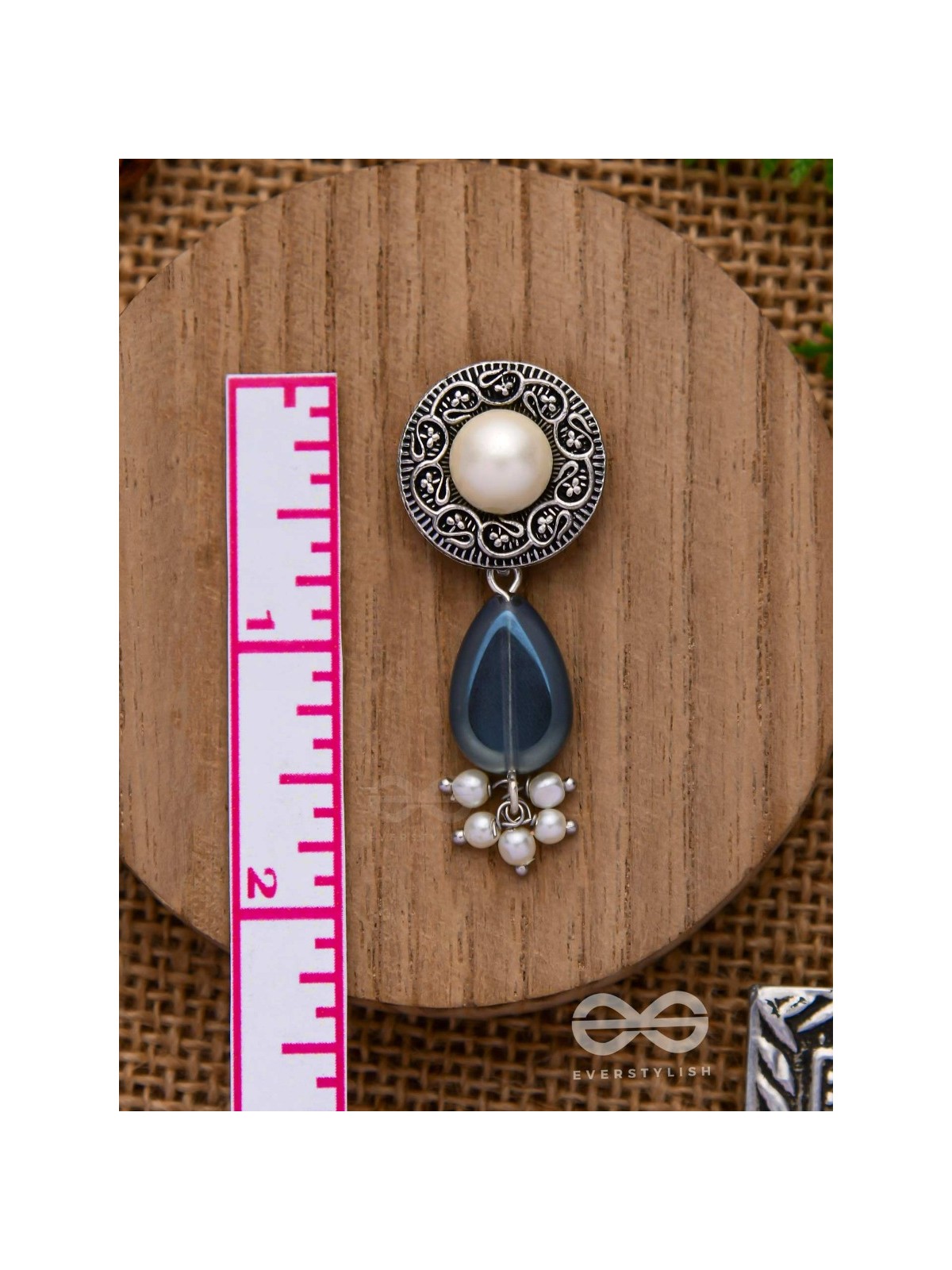 Marine Moonstone - Oxidised Pearl Jhumka Earring 