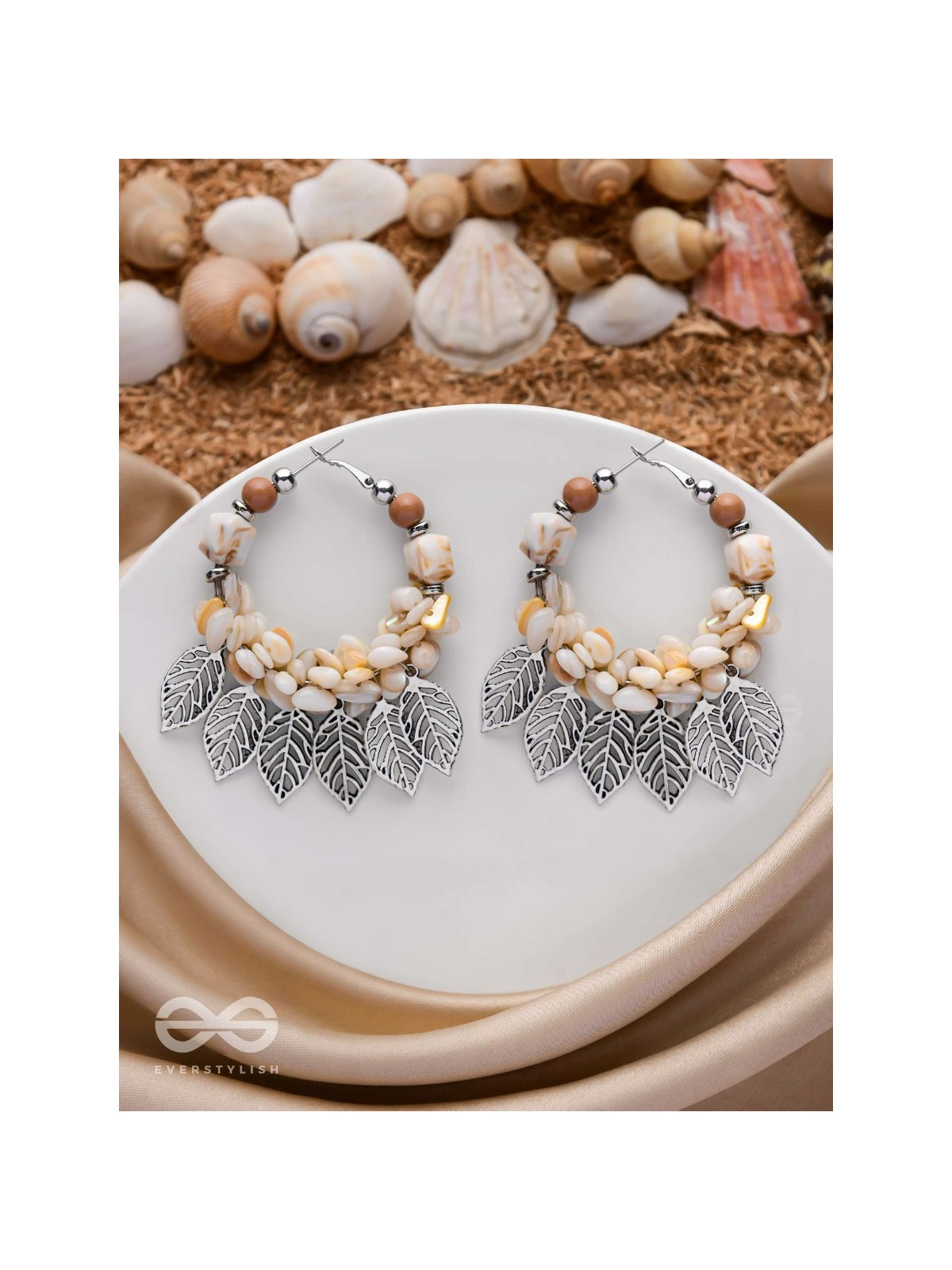 LEAFY SEA BREEZE - STATEMENT OXIDISED EMBELLISHED HOOP EARRINGS