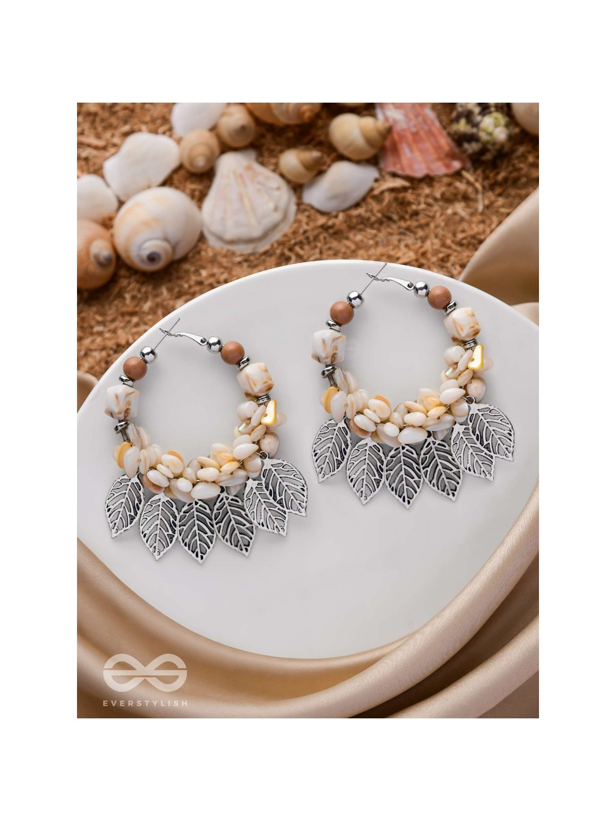 LEAFY SEA BREEZE - STATEMENT OXIDISED EMBELLISHED HOOP EARRINGS