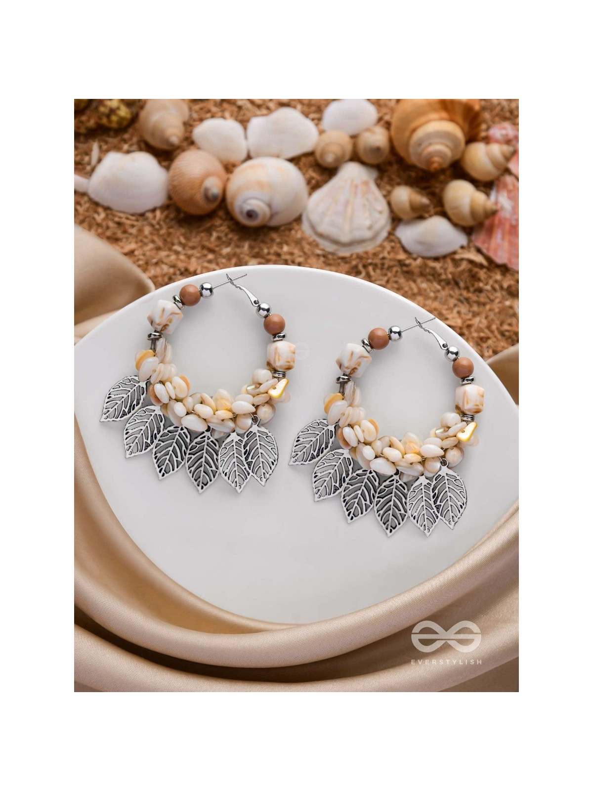 LEAFY SEA BREEZE - STATEMENT OXIDISED EMBELLISHED HOOP EARRINGS