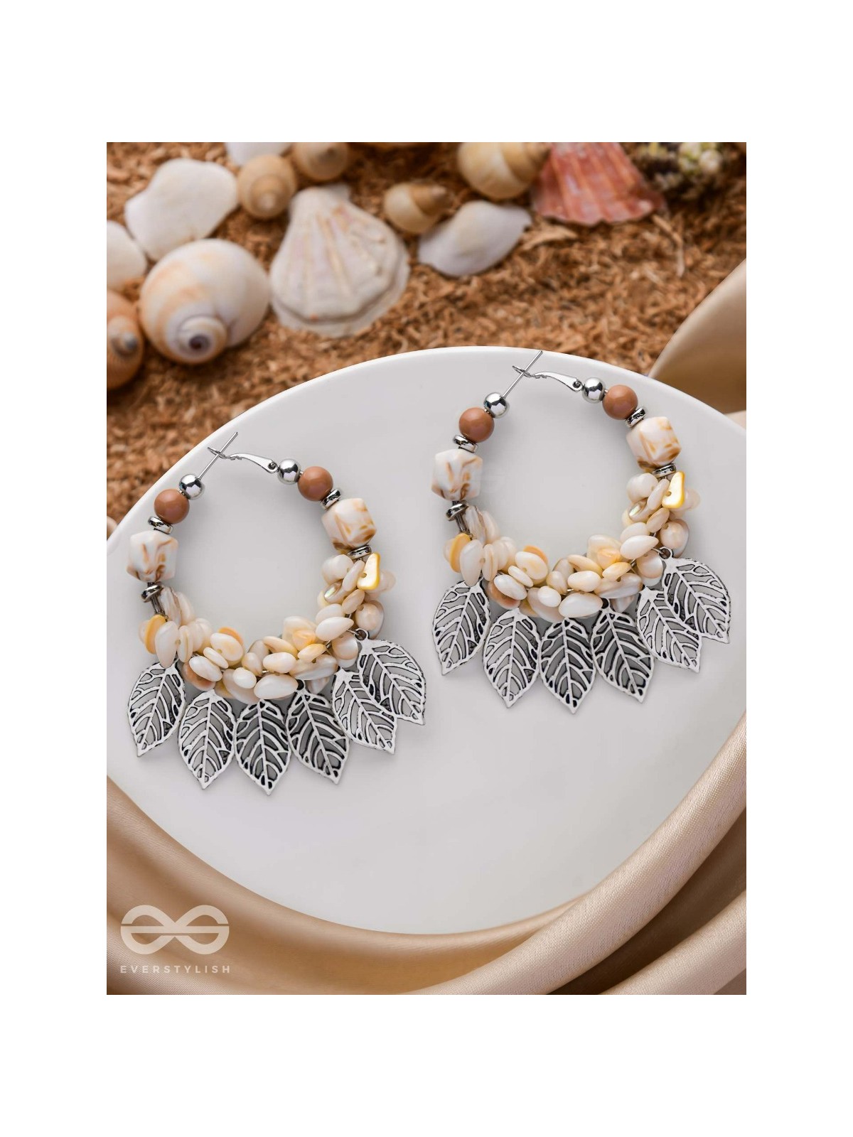LEAFY SEA BREEZE - STATEMENT OXIDISED EMBELLISHED HOOP EARRINGS