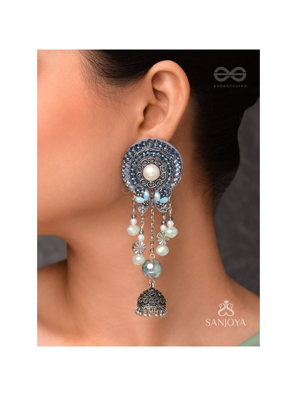 DHUMITA - THE SHINING SMOKE - BEADED OXIDISED AND HAND EMBROIDERED EARRINGS