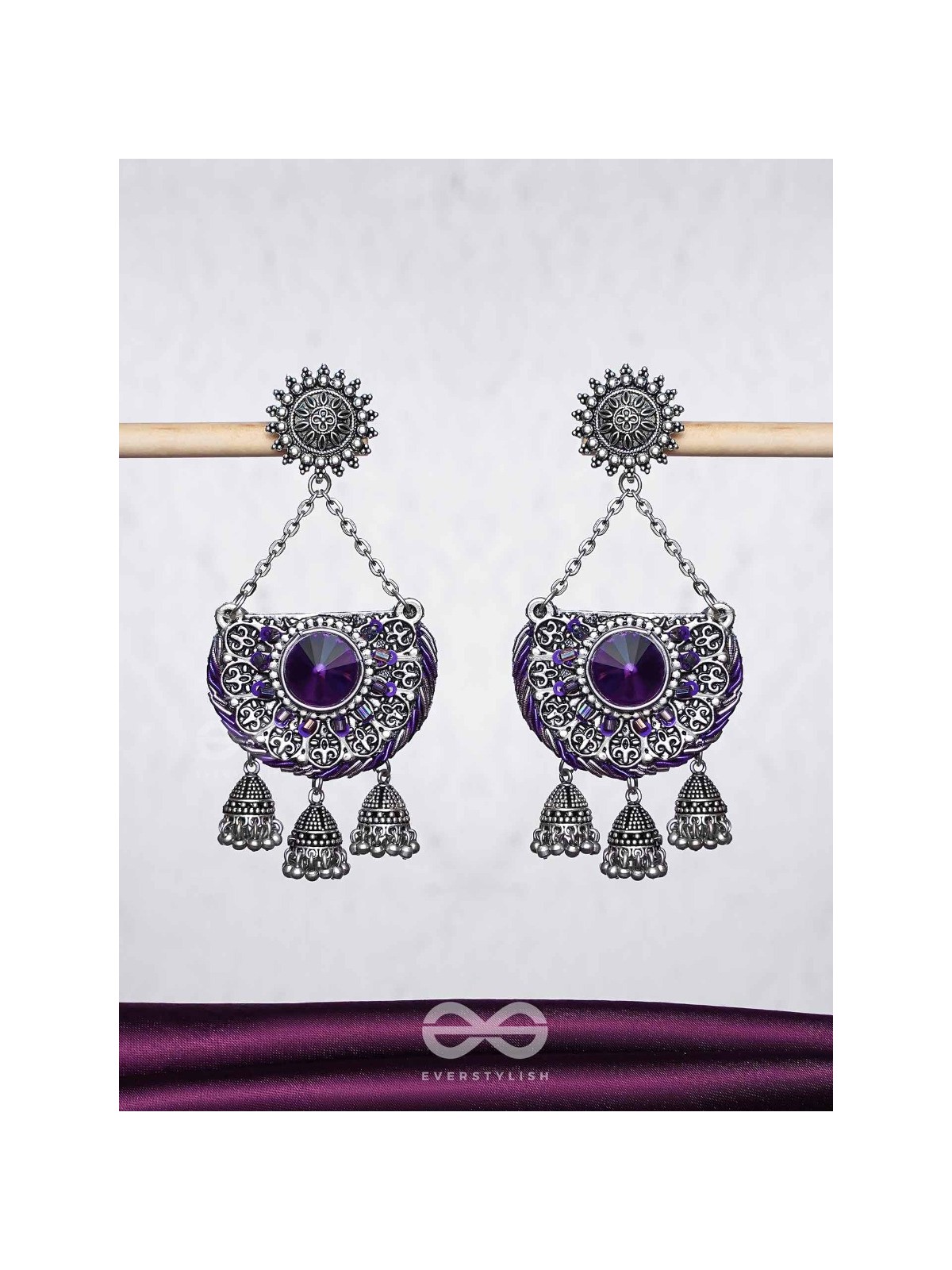 Nishithani - The Midnight Orchid - Sequins, Cutdana Oxidised And Hand Embroidered Earrings