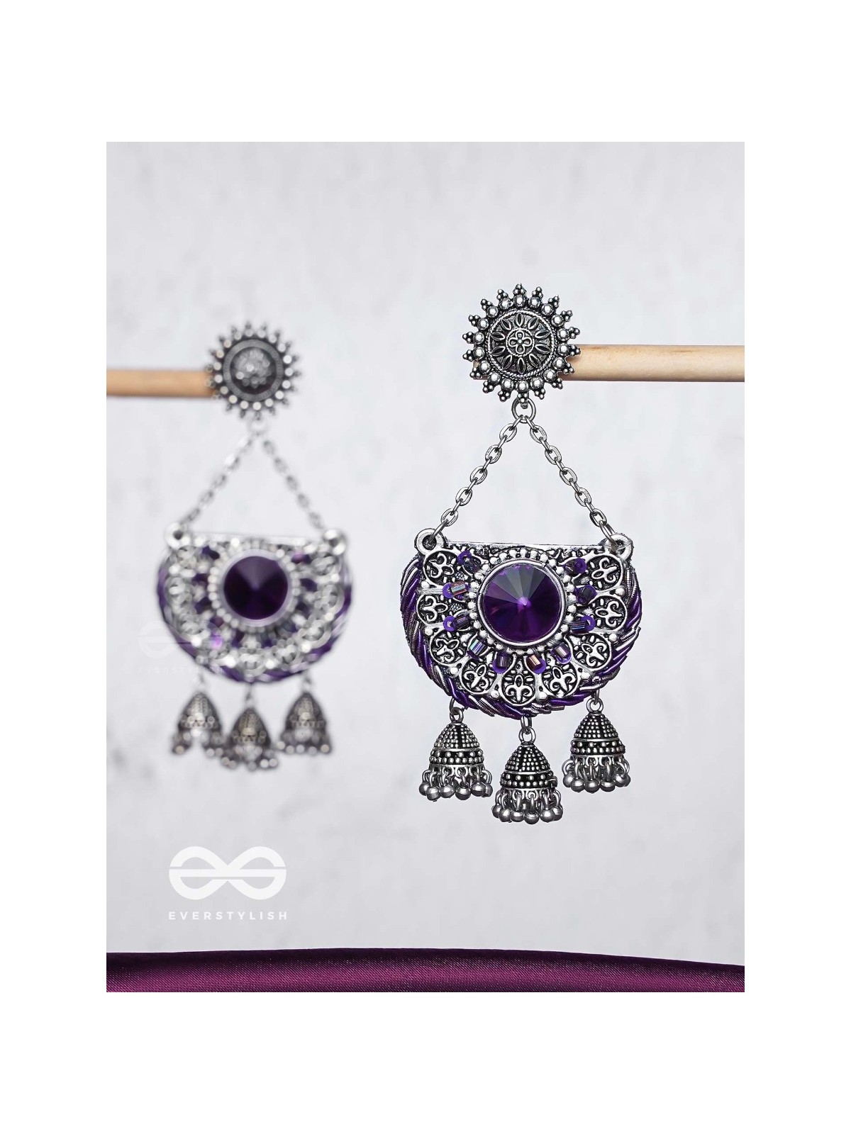 Nishithani - The Midnight Orchid - Sequins, Cutdana Oxidised And Hand Embroidered Earrings