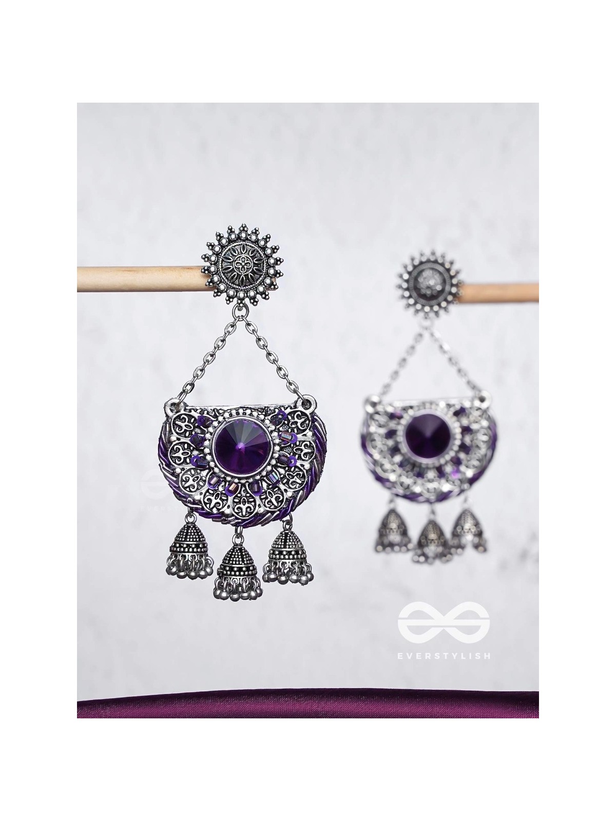 Nishithani - The Midnight Orchid - Sequins, Cutdana Oxidised And Hand Embroidered Earrings
