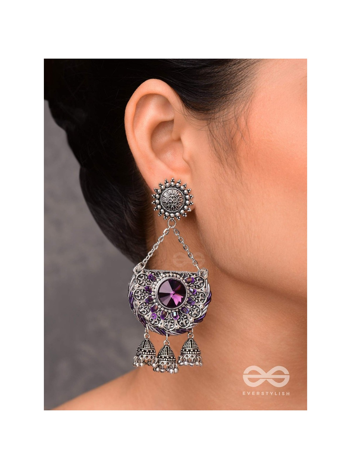 Nishithani - The Midnight Orchid - Sequins, Cutdana Oxidised And Hand Embroidered Earrings
