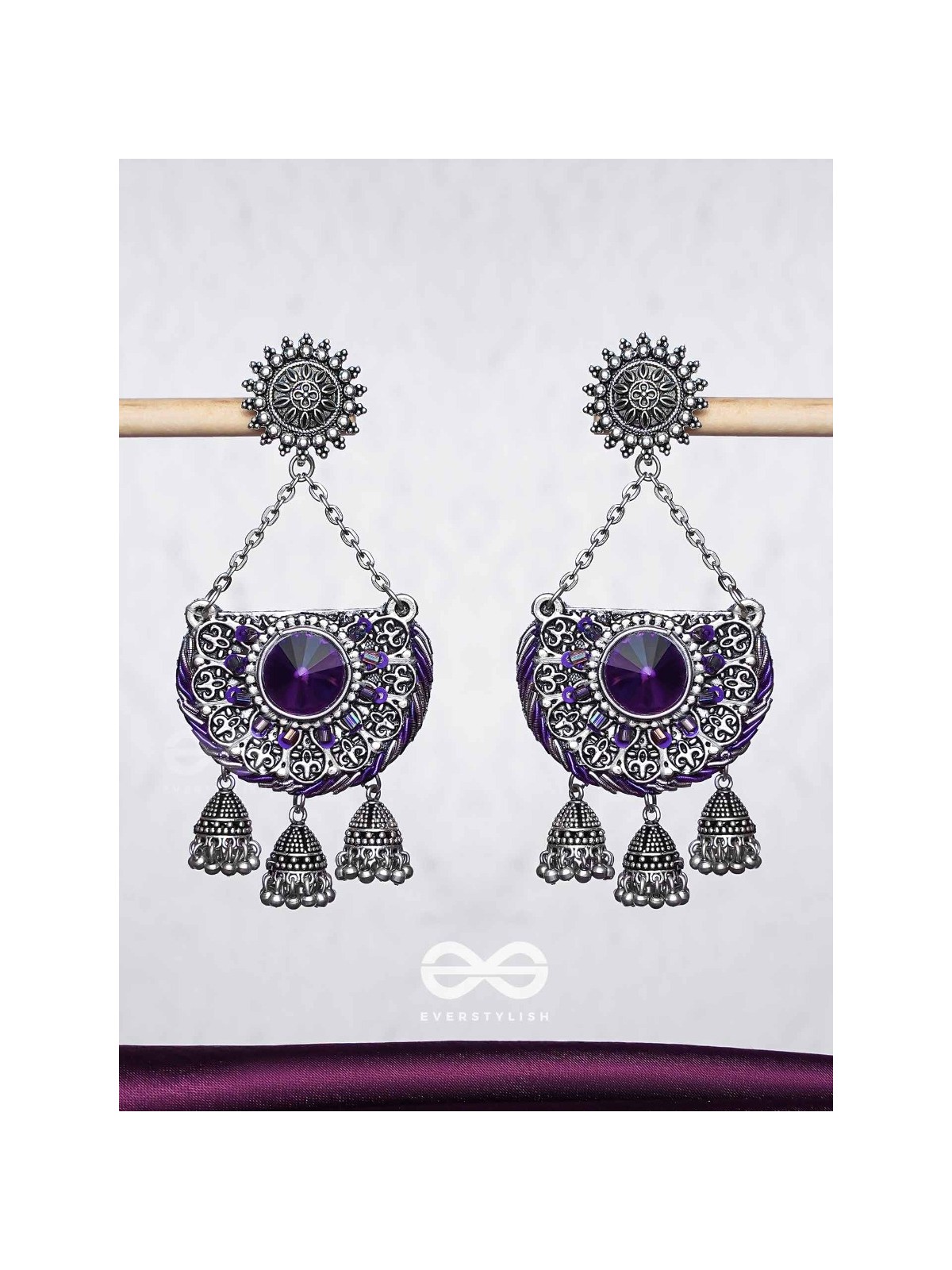 Nishithani - The Midnight Orchid - Sequins, Cutdana Oxidised And Hand Embroidered Earrings
