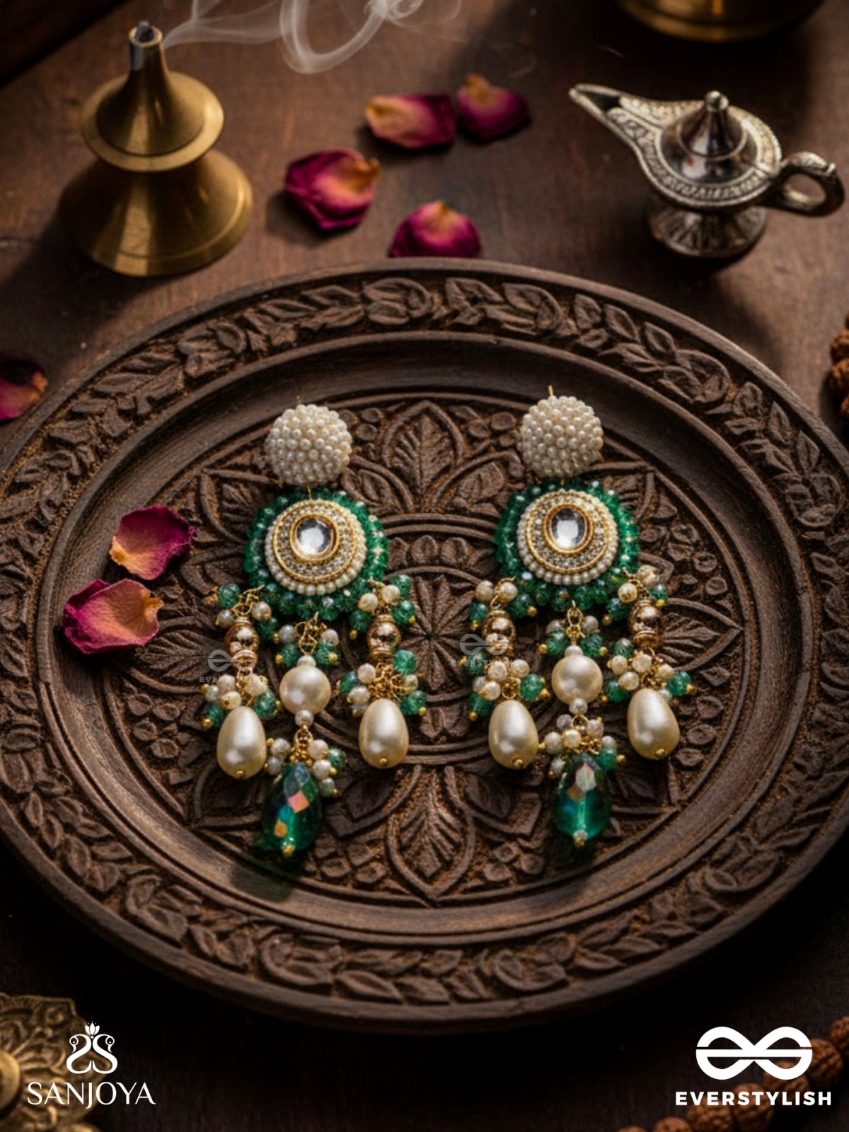 Agrevana - Forest Fables - Golden Embellished Polki And Kundan Finished Hand Embroidered Earrings