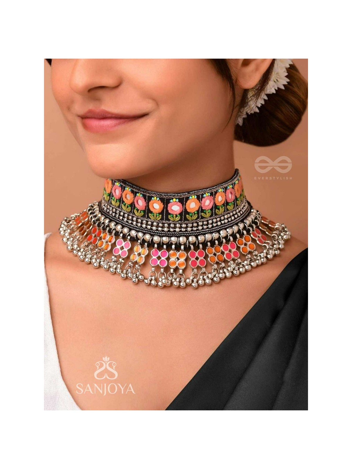 Prasidika - The Radiant Garden - Resham And Beads Hand Embroidered Oxidised Choker Neckpiece
