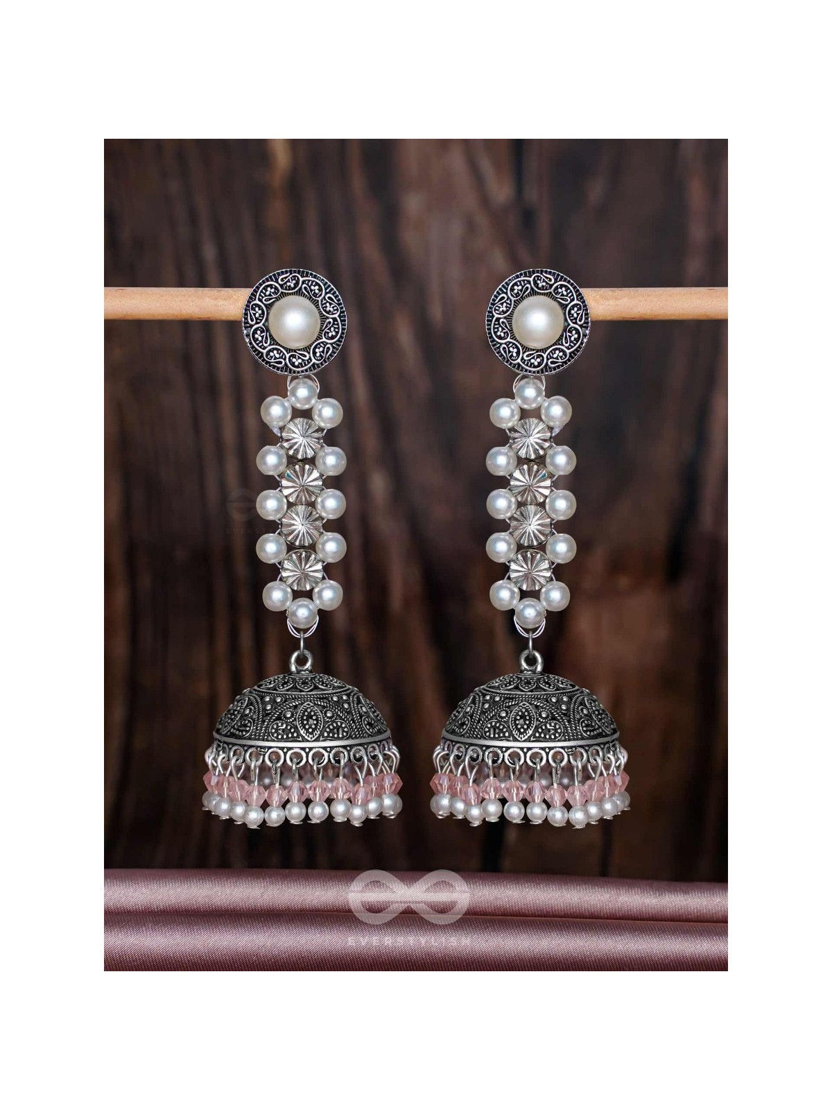 Twirling Pearl Dreamland - Oxidised Jhumka Earrings
