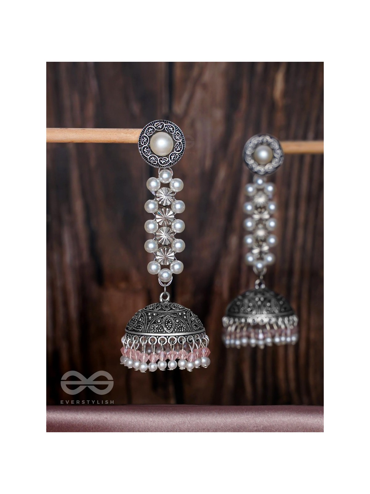 Twirling Pearl Dreamland - Oxidised Jhumka Earrings
