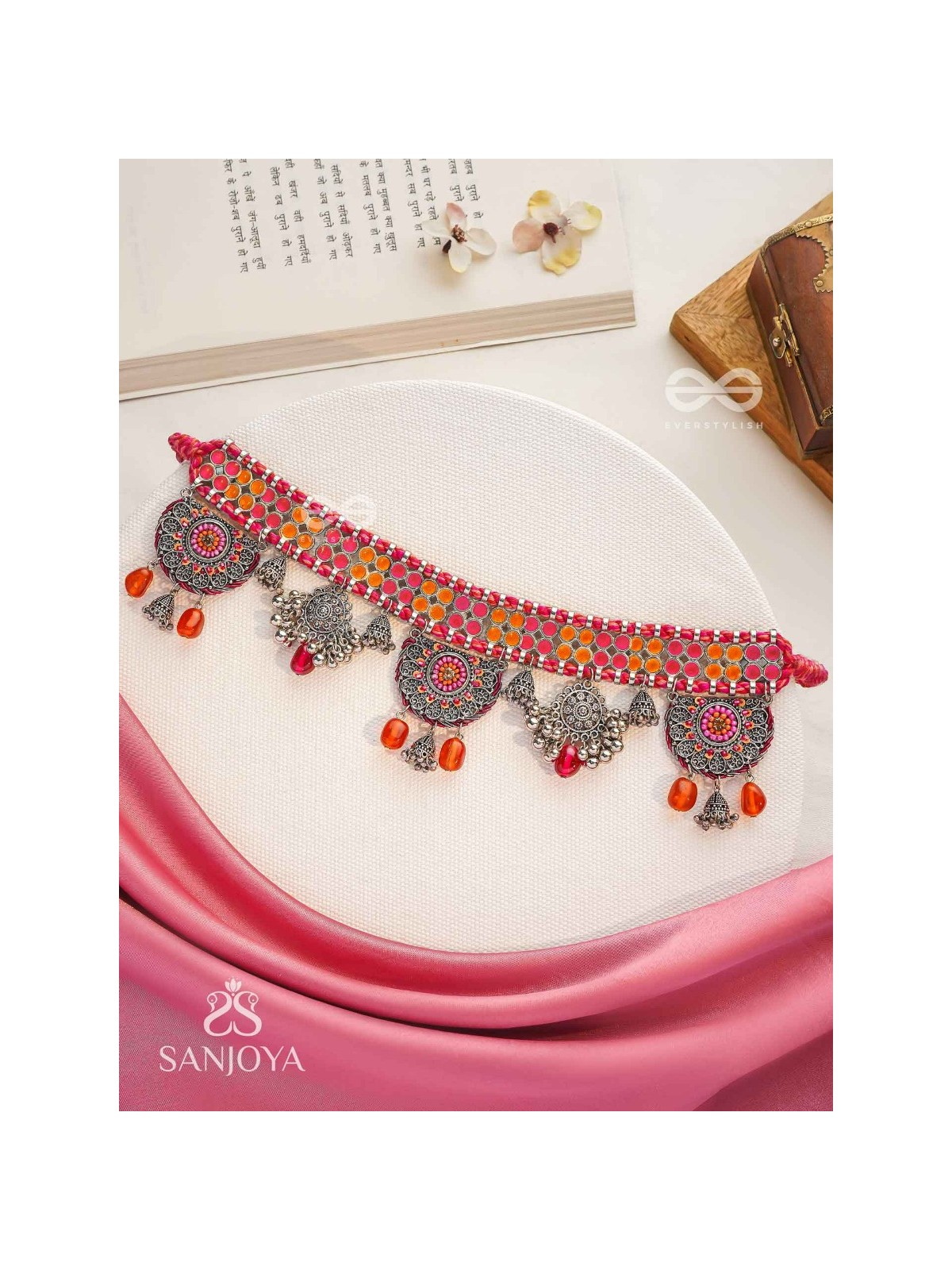 Prasvap - The Dusk Dream - Resham, Beads And Glass Drops Hand Embroidered Oxidised Choker Neckpiece