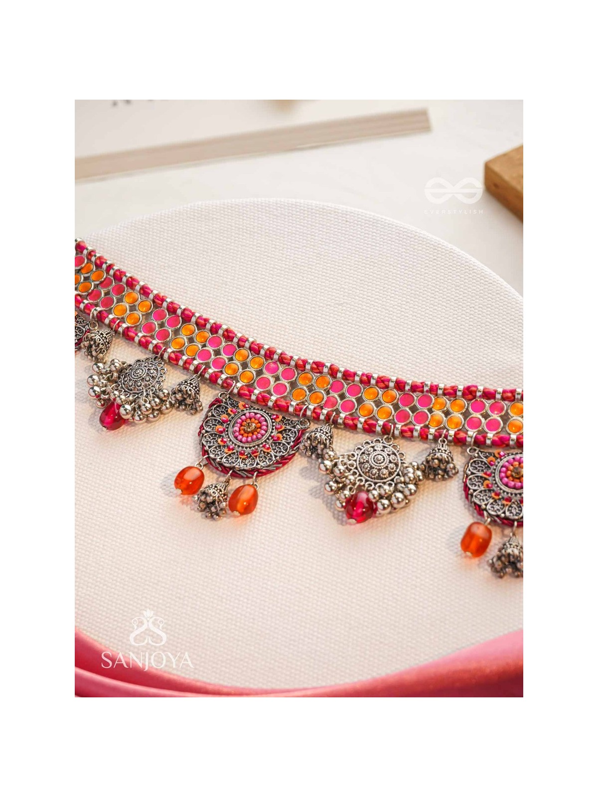Prasvap - The Dusk Dream - Resham, Beads And Glass Drops Hand Embroidered Oxidised Choker Neckpiece