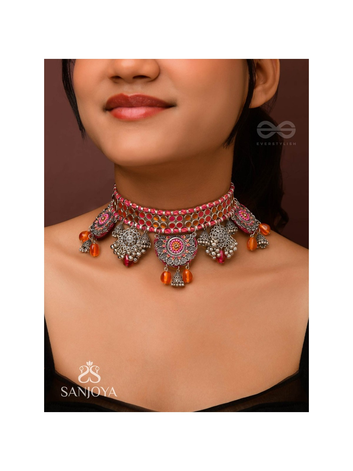 Prasvap - The Dusk Dream - Resham, Beads And Glass Drops Hand Embroidered Oxidised Choker Neckpiece