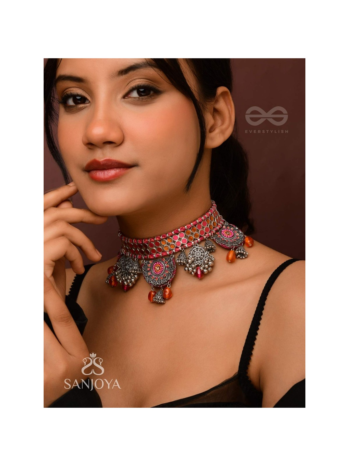 Prasvap - The Dusk Dream - Resham, Beads And Glass Drops Hand Embroidered Oxidised Choker Neckpiece