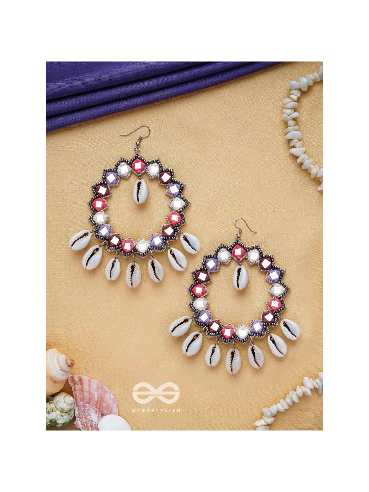 Drumalaya - Magical Sea Shells - Mirror And Shells Hand Embroidered Earrings