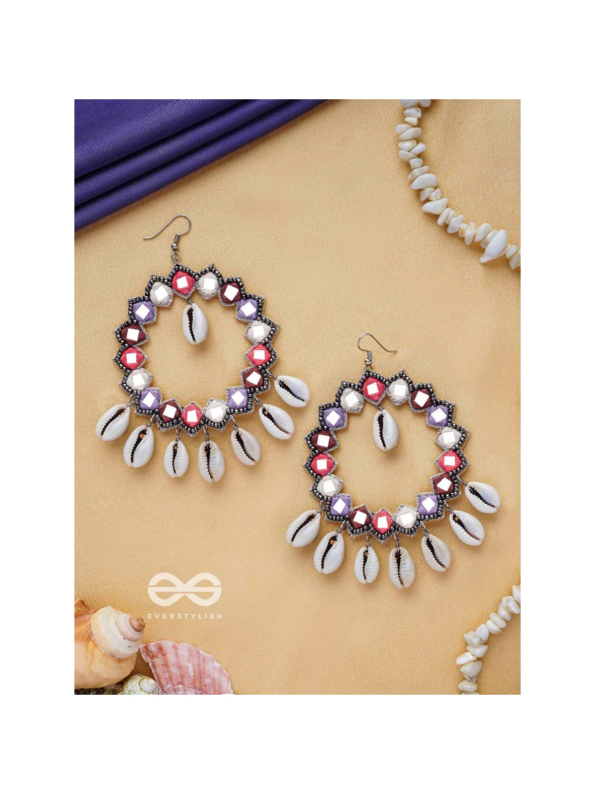 Drumalaya - Magical Sea Shells - Mirror And Shells Hand Embroidered Earrings