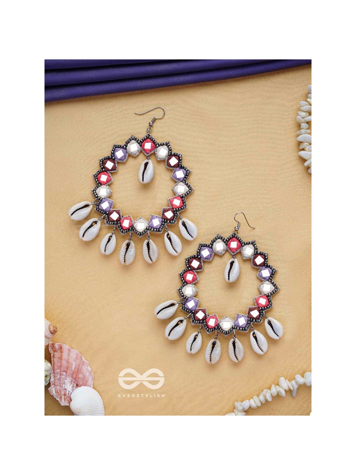 Drumalaya - Magical Sea Shells - Mirror And Shells Hand Embroidered Earrings