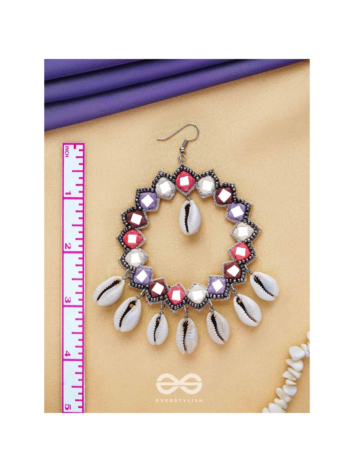 Drumalaya - Magical Sea Shells - Mirror And Shells Hand Embroidered Earrings