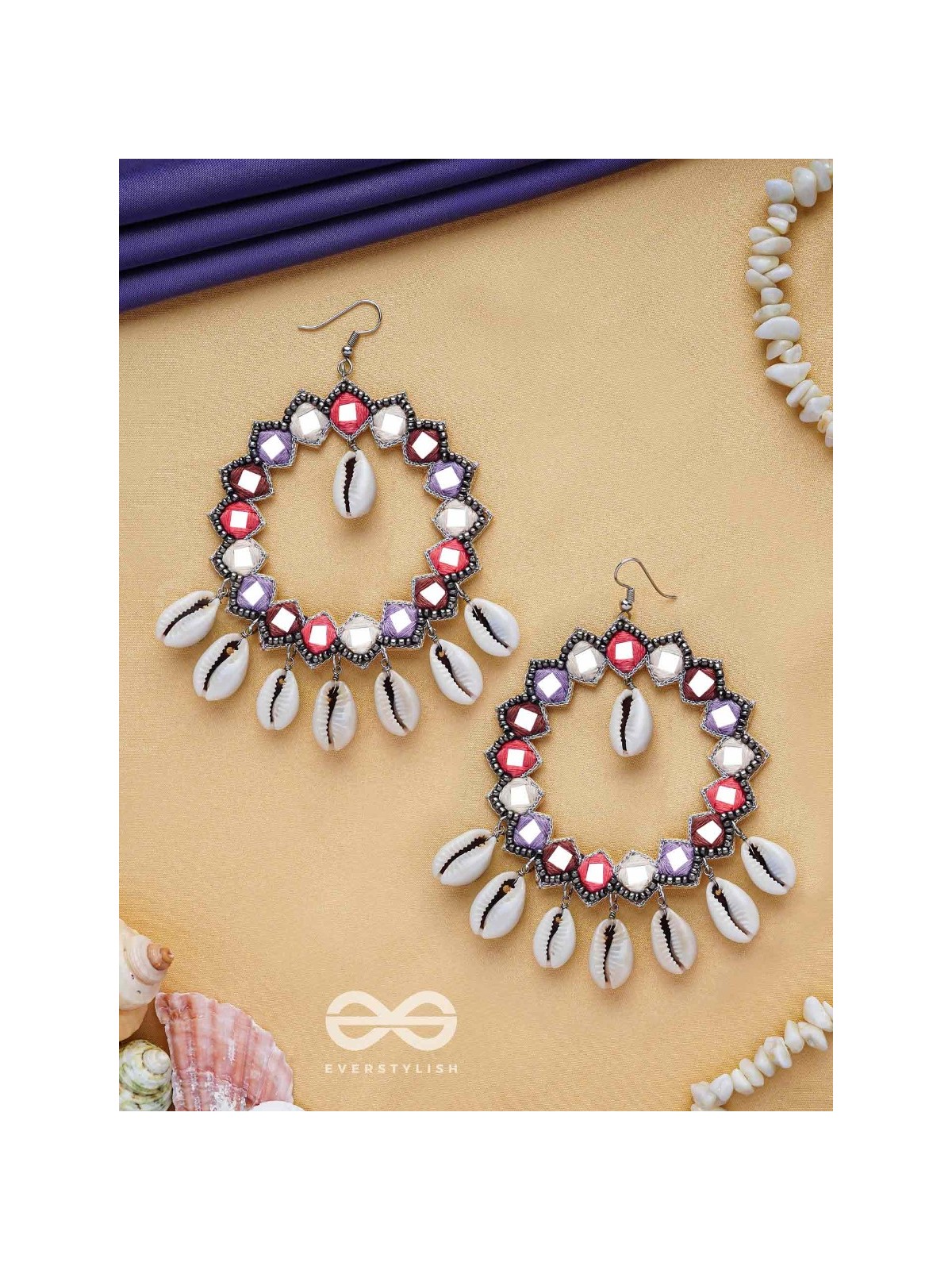 Drumalaya - Magical Sea Shells - Mirror And Shells Hand Embroidered Earrings