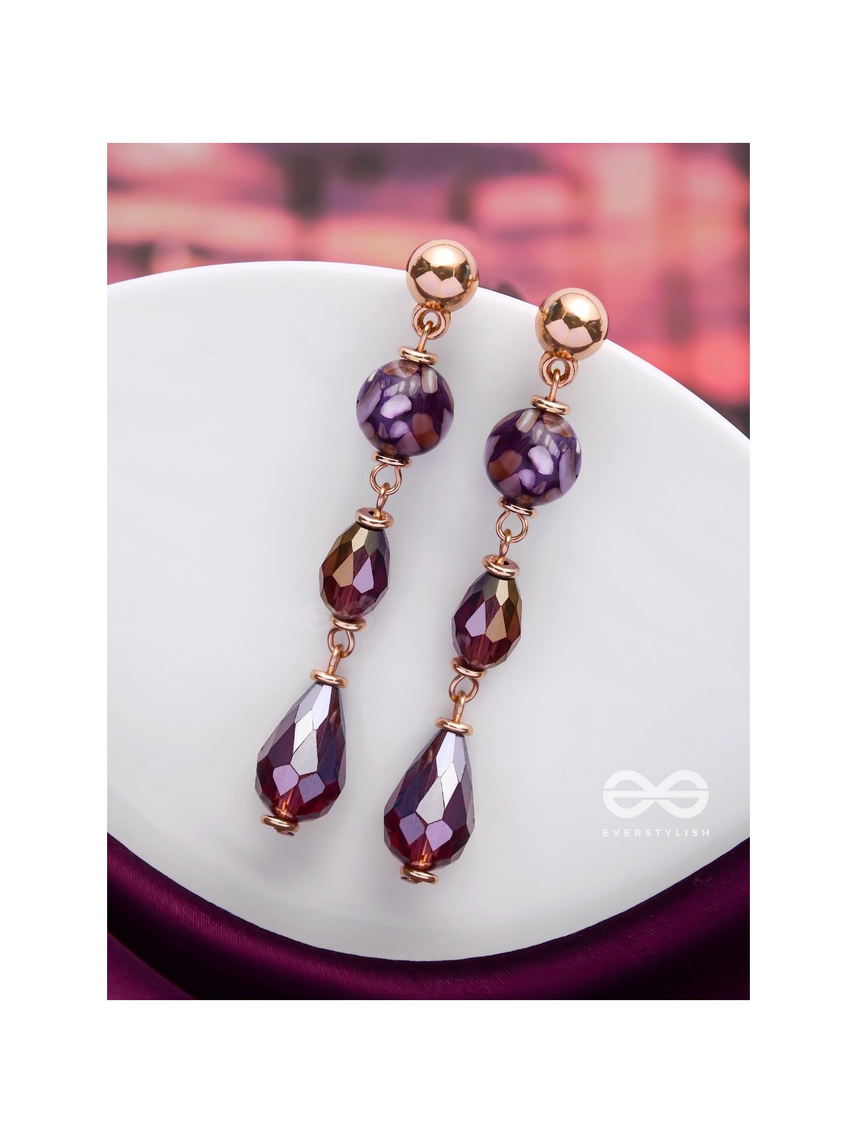 VIOLET VELVET DROPS - GOLDEN EMBELLISHED EARRINGS