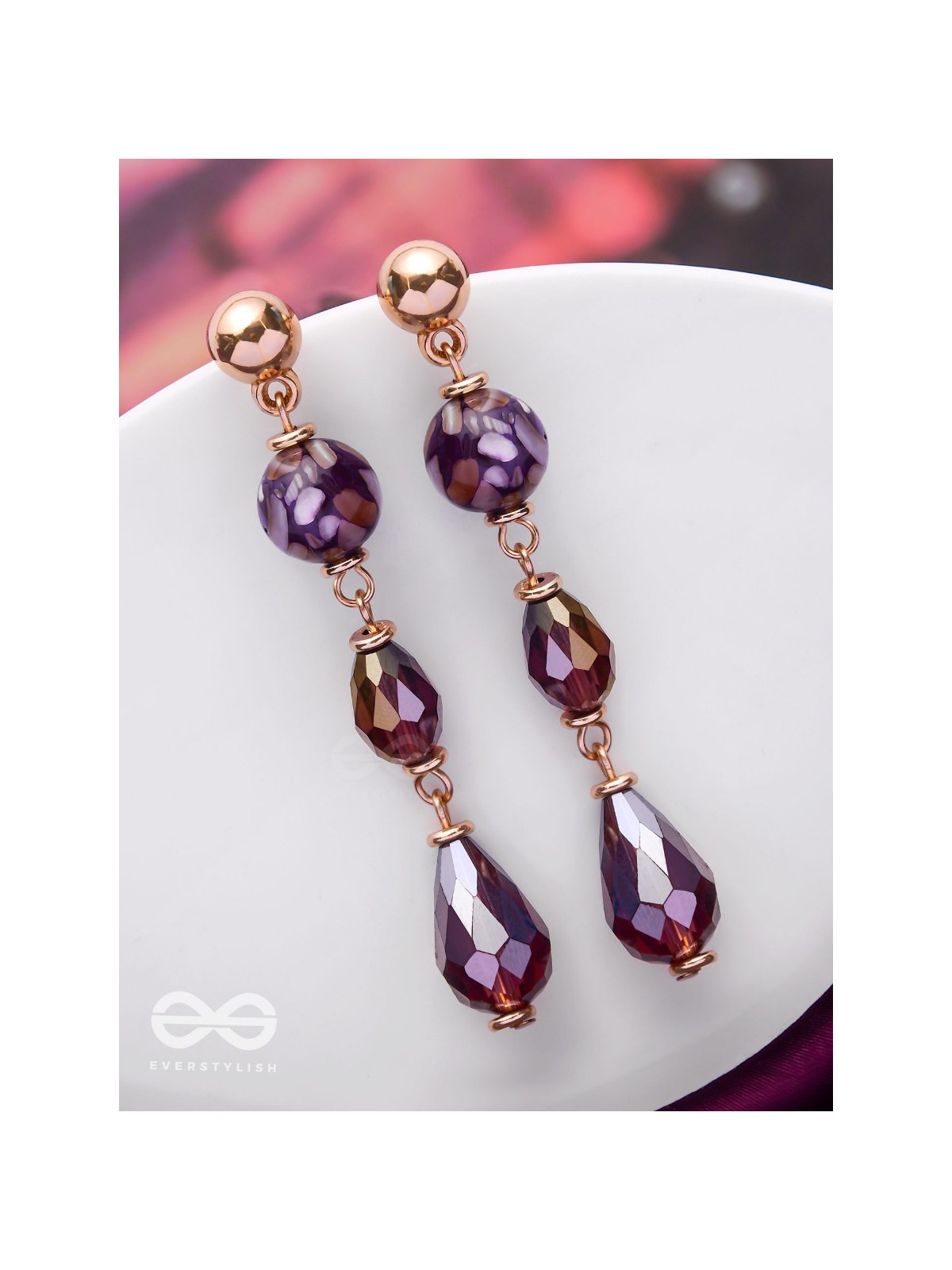 VIOLET VELVET DROPS - GOLDEN EMBELLISHED EARRINGS