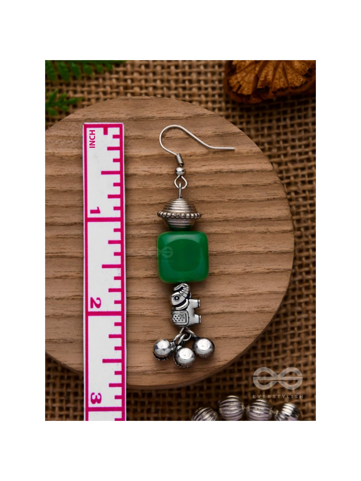 MELODIC EMERALD TRUMPET - EMBELLISHED OXIDISED EARRINGS