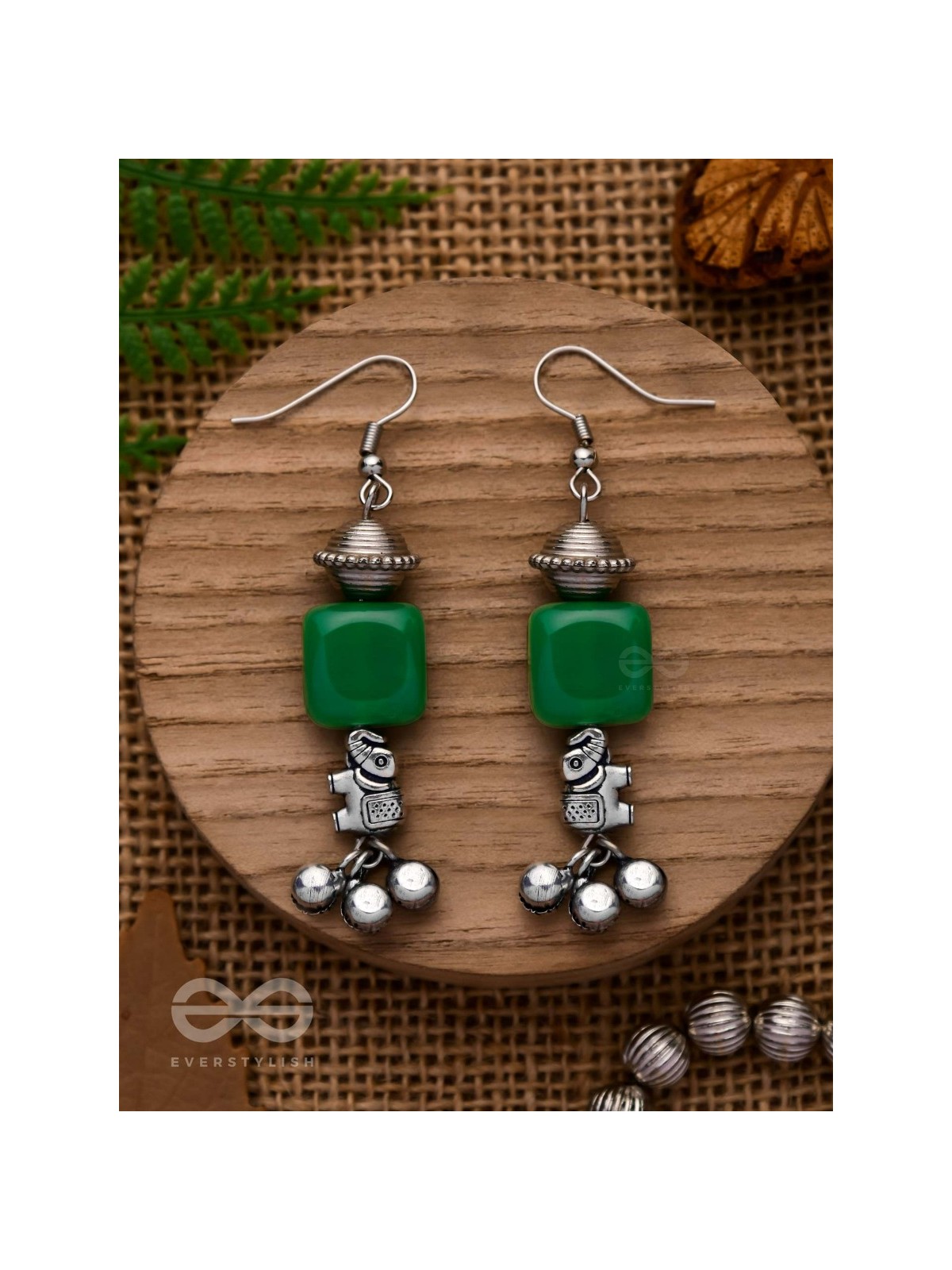 MELODIC EMERALD TRUMPET - EMBELLISHED OXIDISED EARRINGS