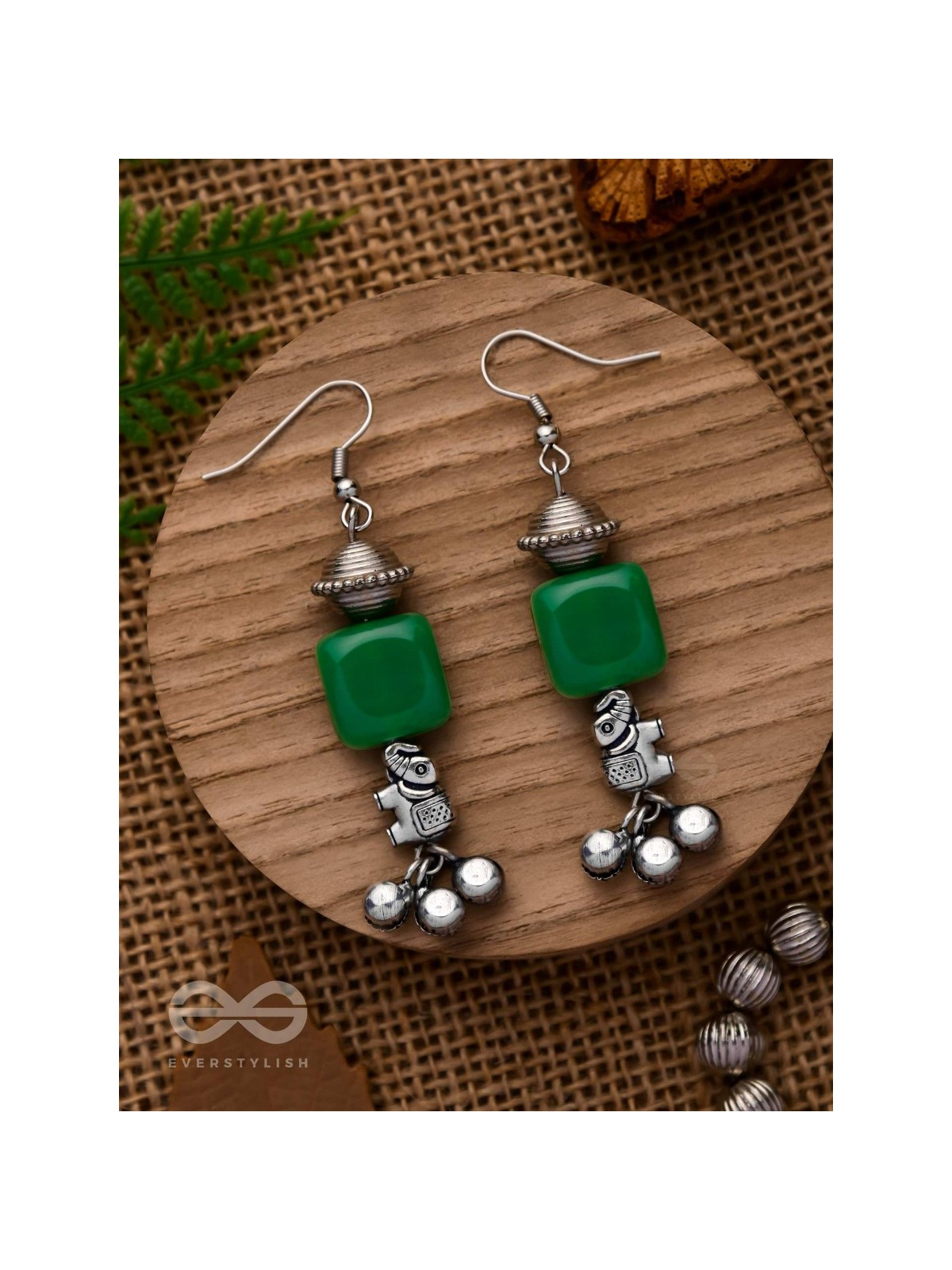MELODIC EMERALD TRUMPET - EMBELLISHED OXIDISED EARRINGS