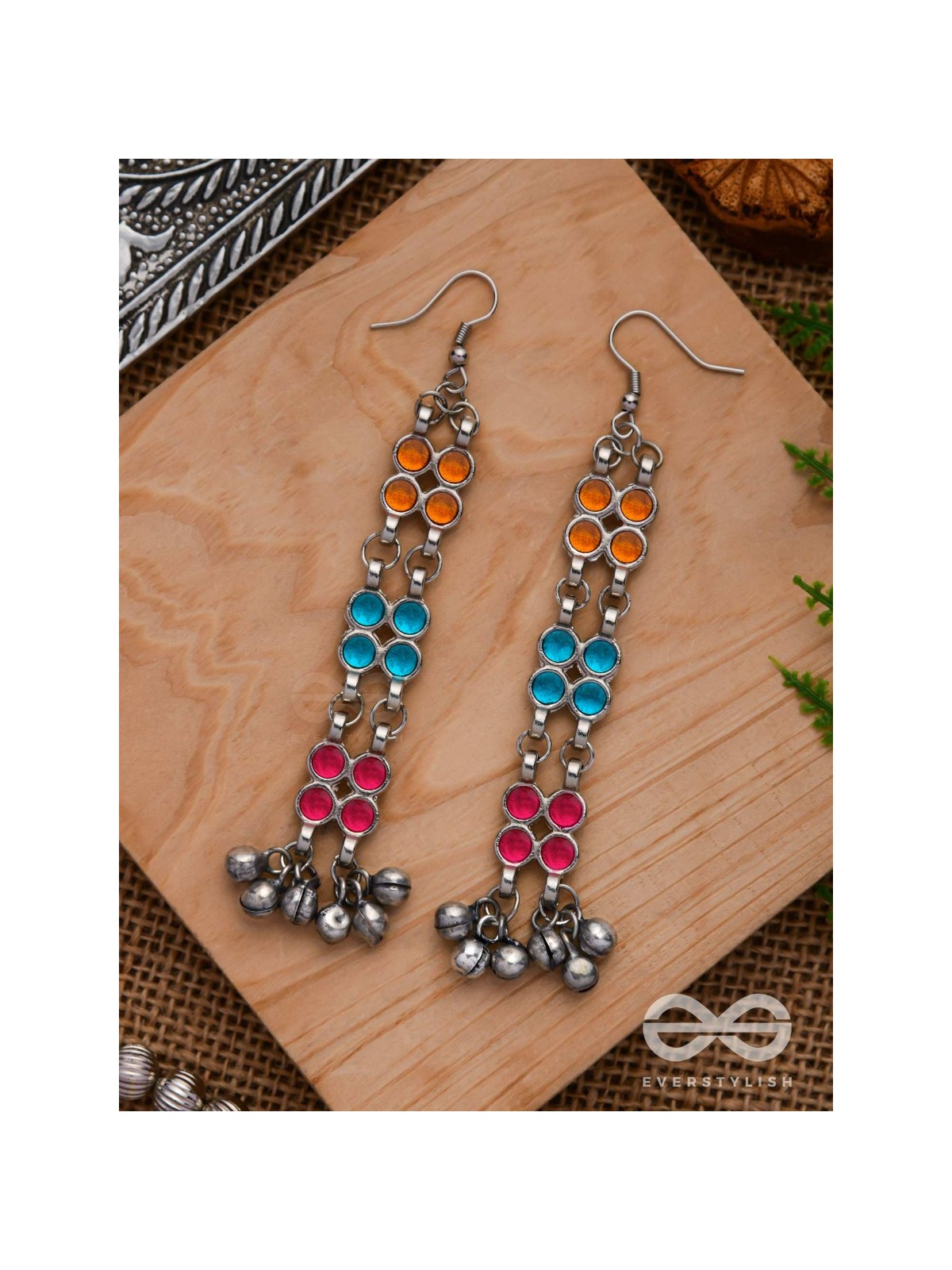A CARNIVAL CASCADE - EMBELLISHED OXIDISED EARRINGS