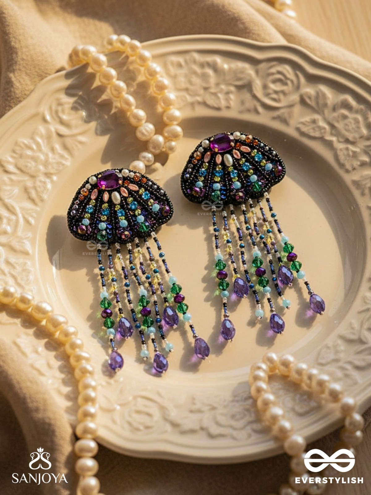 Mrdika - The Vibrant Fish - Stone, Beads And Sequins Hand Embroidered Earrings