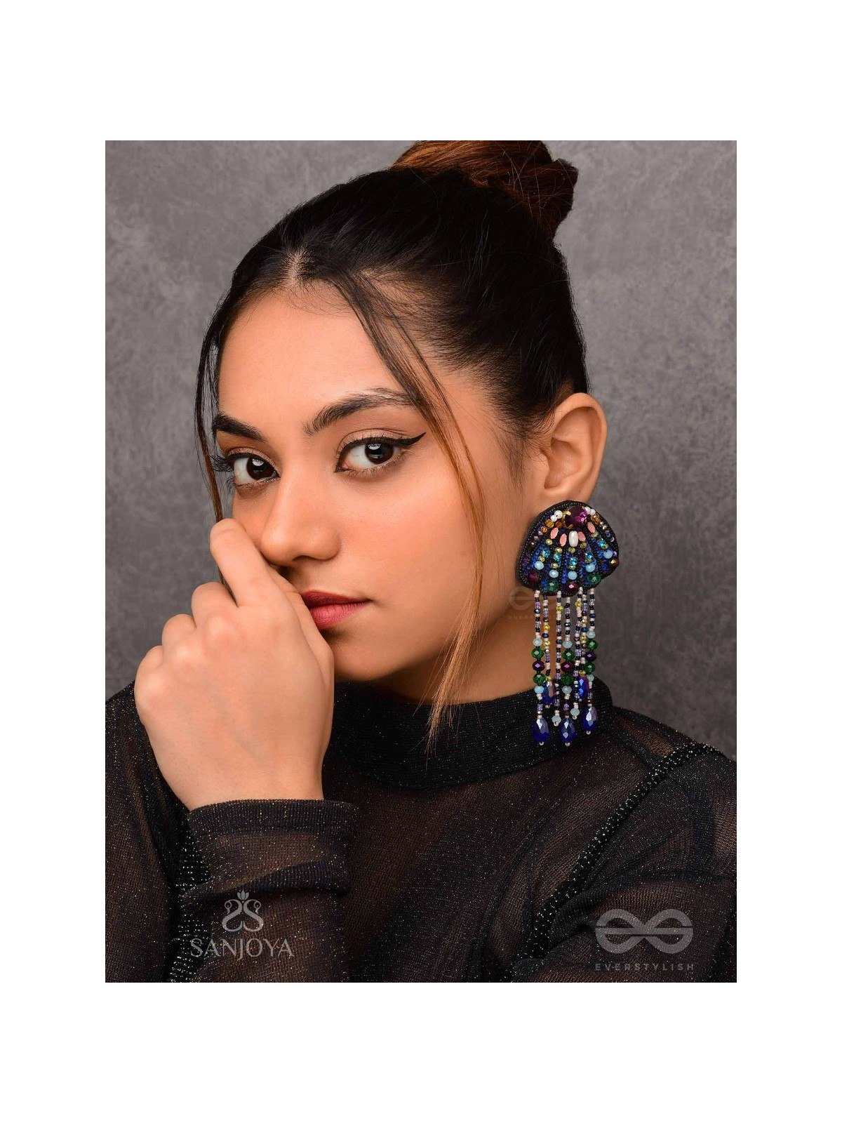 Mrdika - The Vibrant Fish - Stone, Beads And Sequins Hand Embroidered Earrings