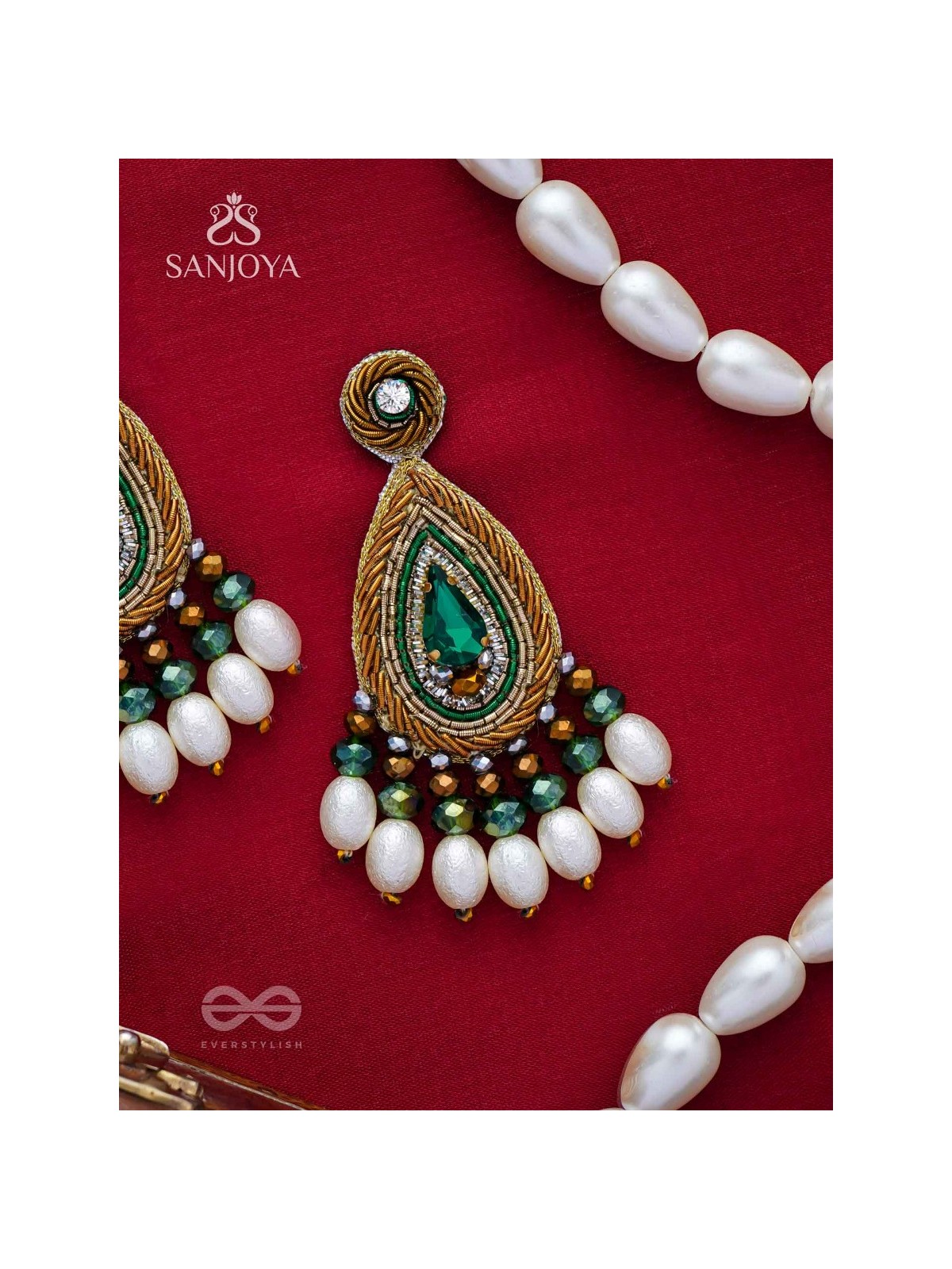 Haritparna - Green Leaved - Stone, Cutdana And Beads Hand Embroidered Earrings