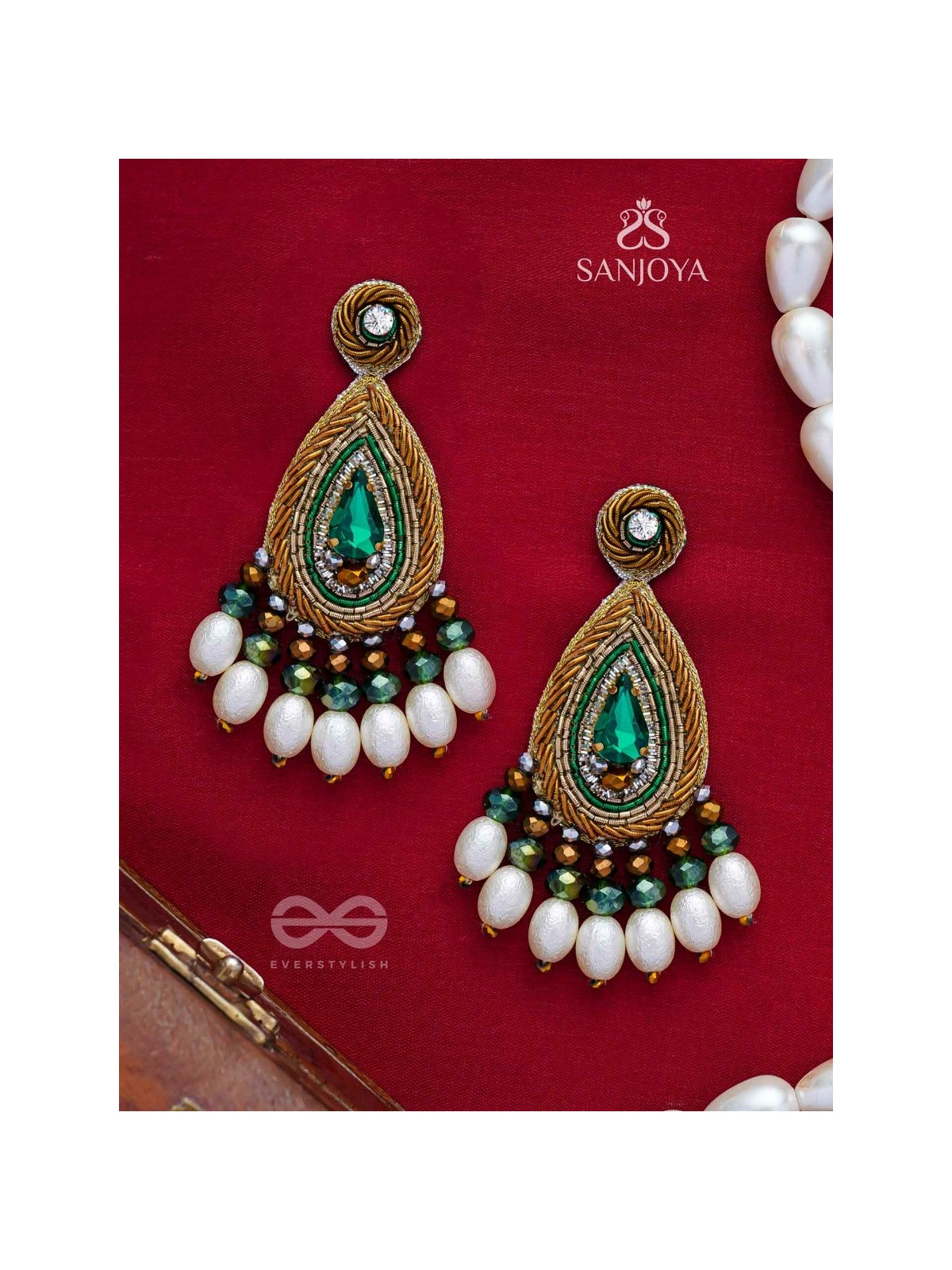 Haritparna - Green Leaved - Stone, Cutdana And Beads Hand Embroidered Earrings