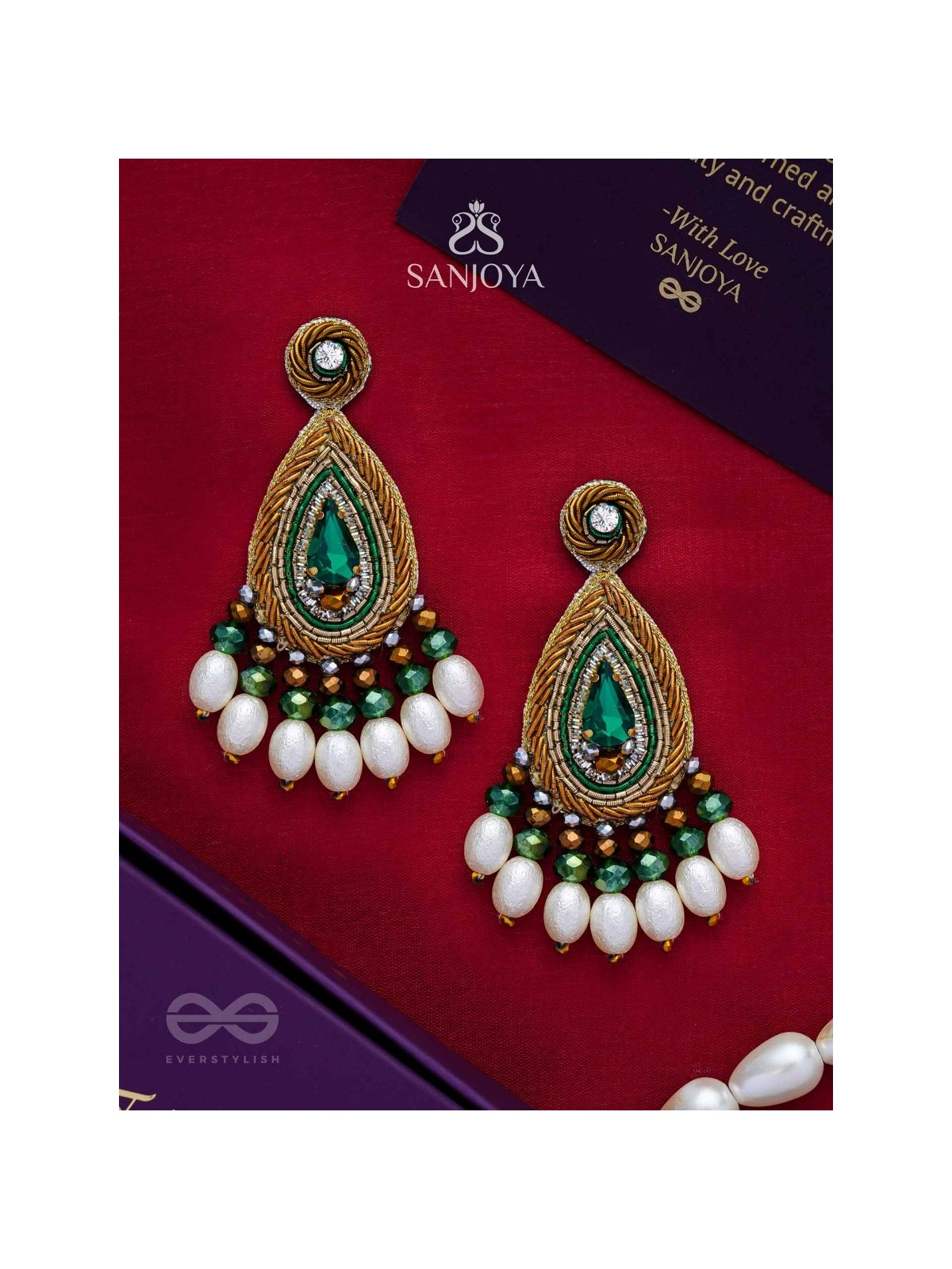 Haritparna - Green Leaved - Stone, Cutdana And Beads Hand Embroidered Earrings