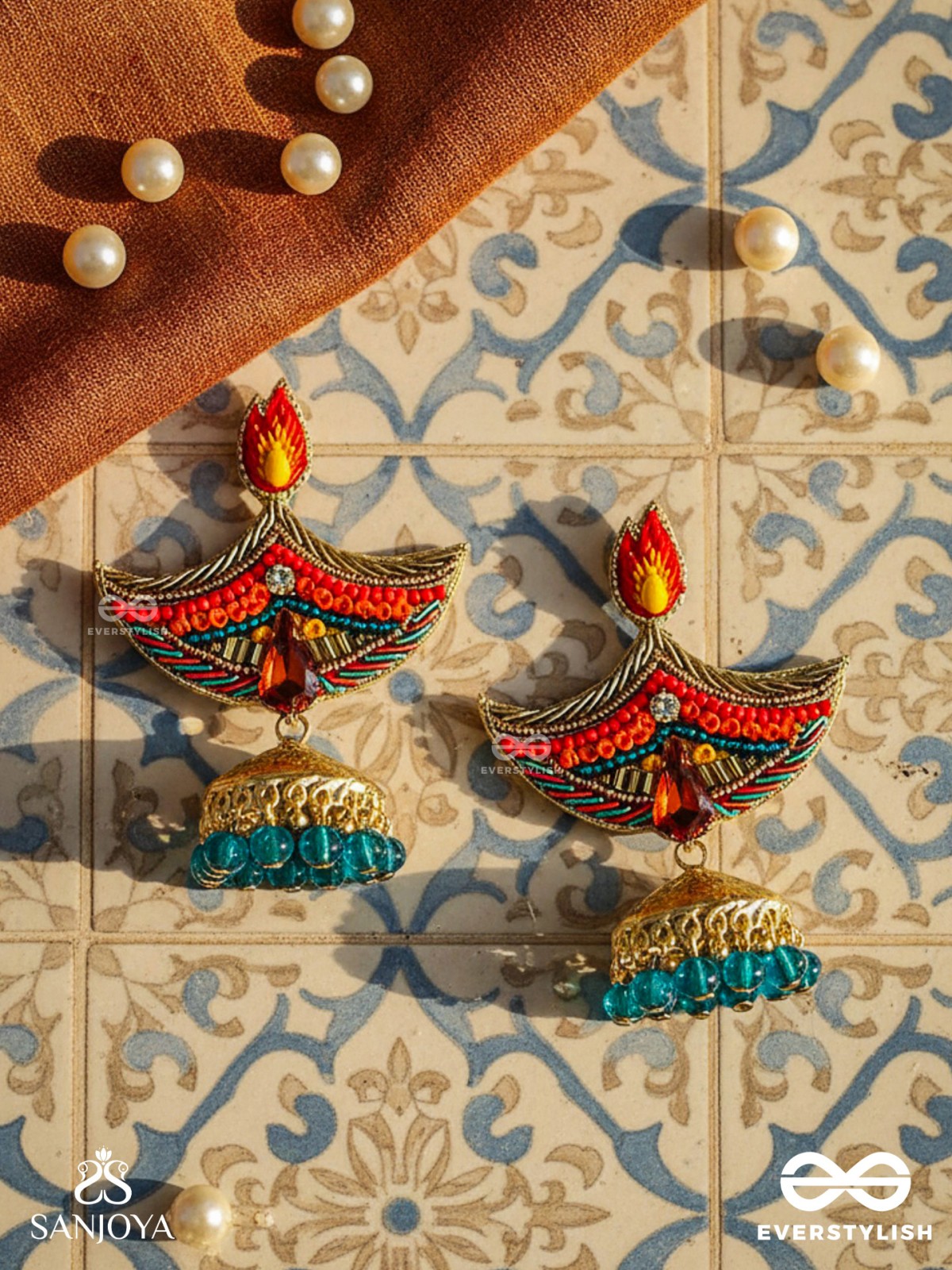Dipah - Lamp Of Victory - Stone, Resham And Cut Dana Hand Embroidered Earrings