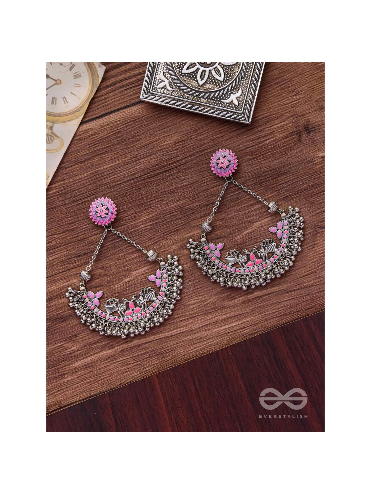 Mystical Peacocks In Lavender - Enamelled Oxidised Earrings