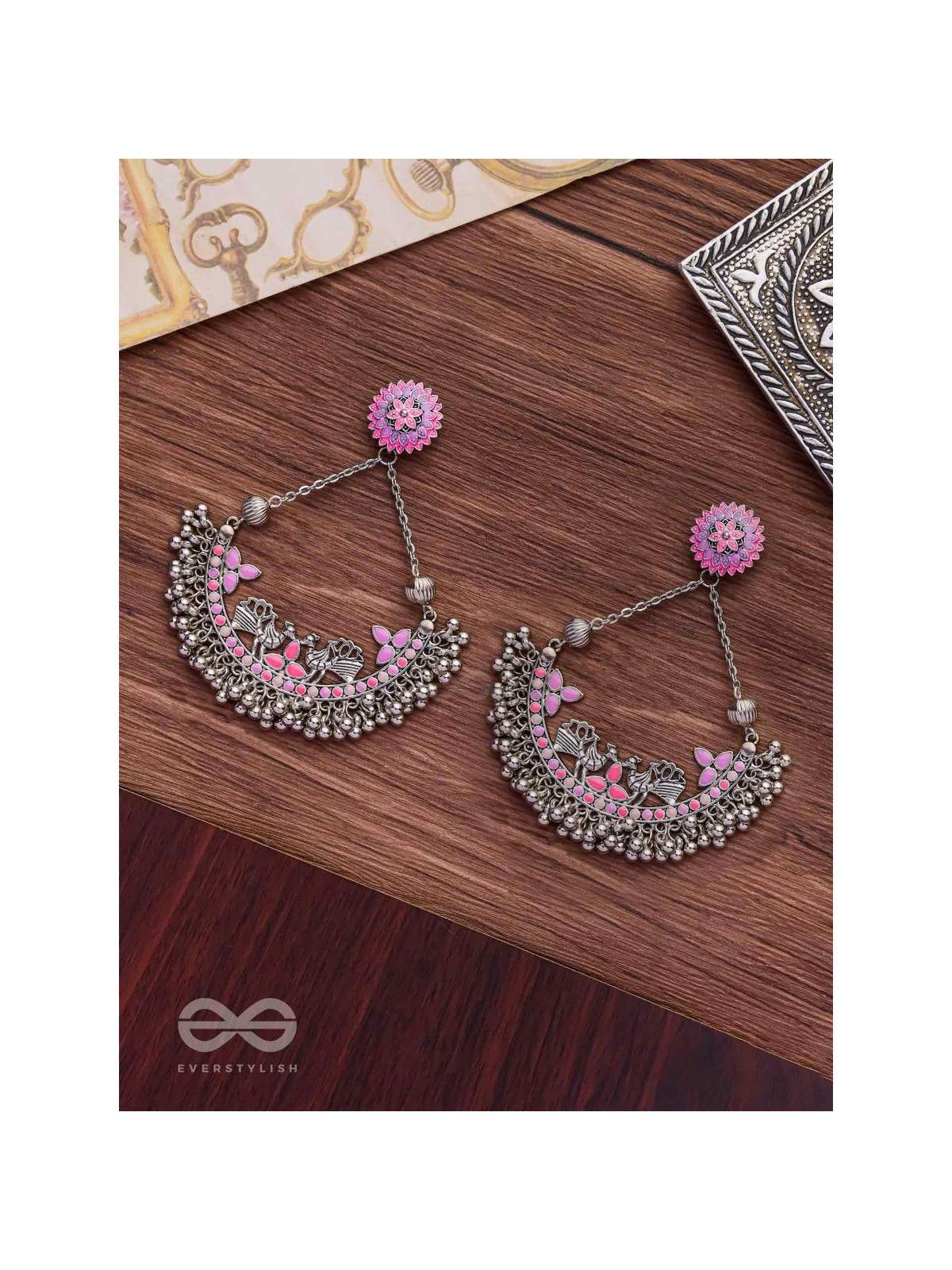 Mystical Peacocks In Lavender - Enamelled Oxidised Earrings