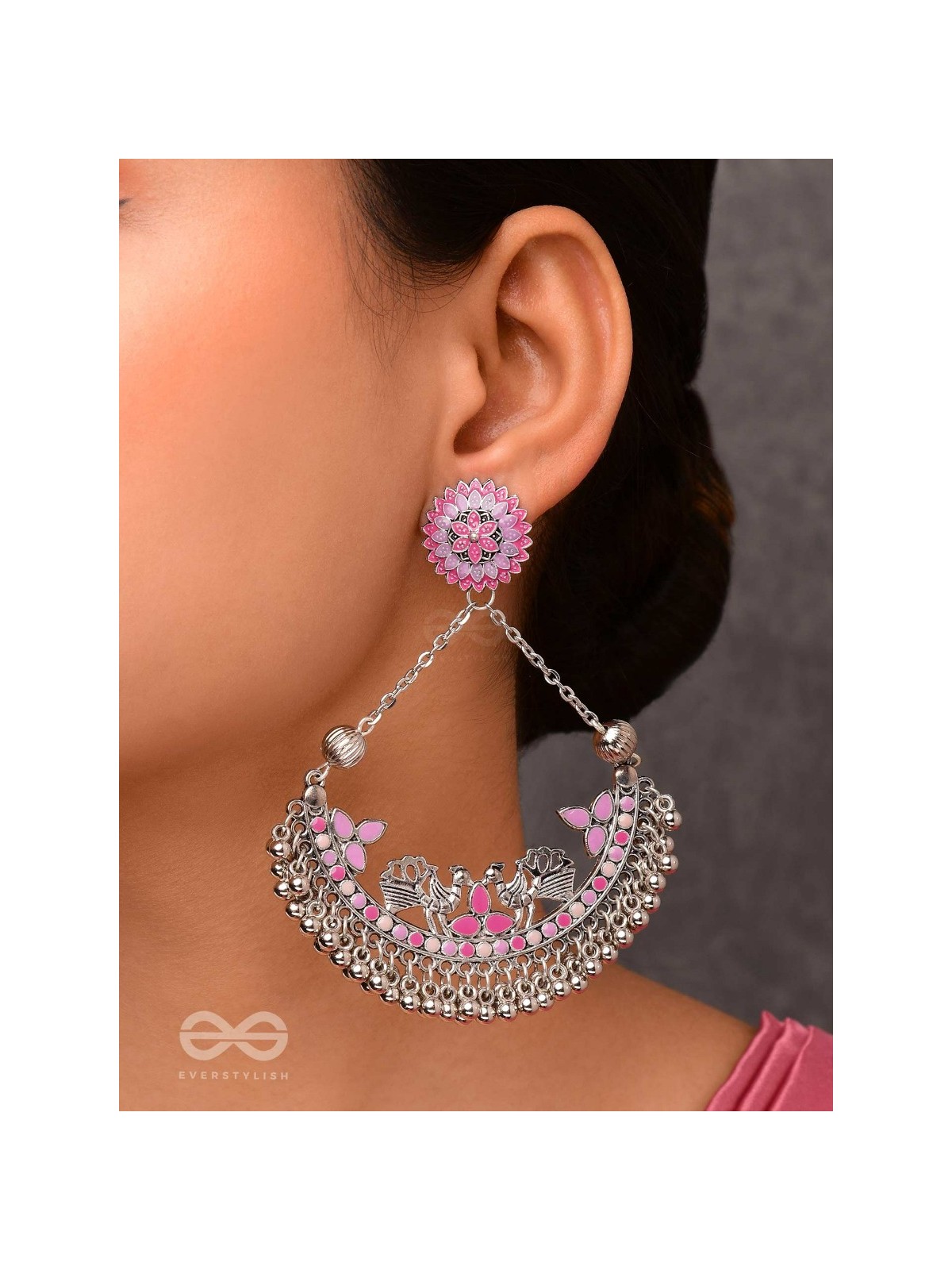 Mystical Peacocks In Lavender - Enamelled Oxidised Earrings