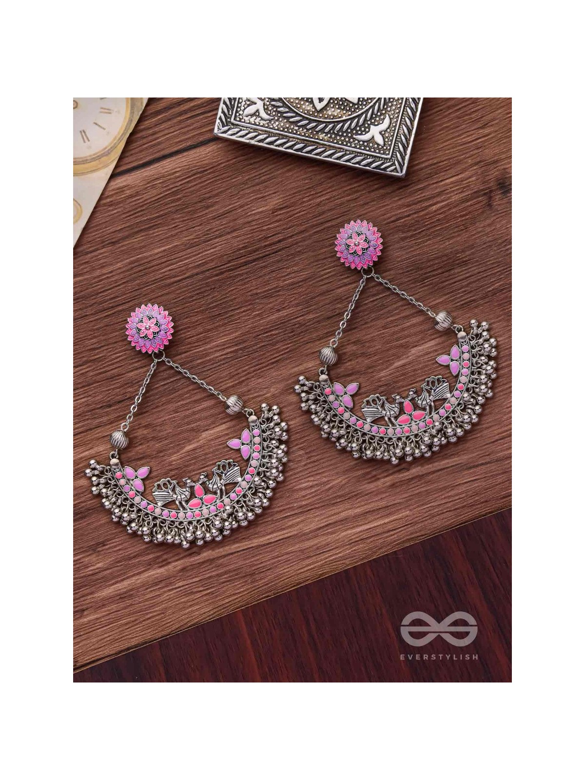 Mystical Peacocks In Lavender - Enamelled Oxidised Earrings