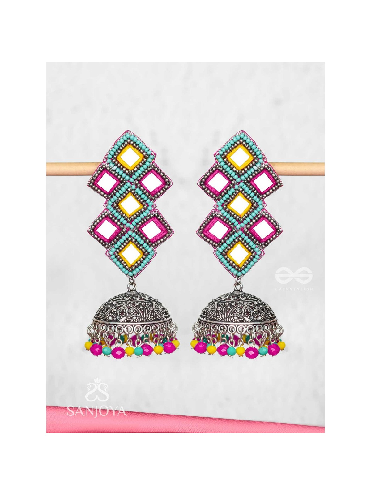 Vasantak - The Vibrant Kites- Mirrors, Resham And Beads Hand Embroidered Oxidised Jhumka Earrings