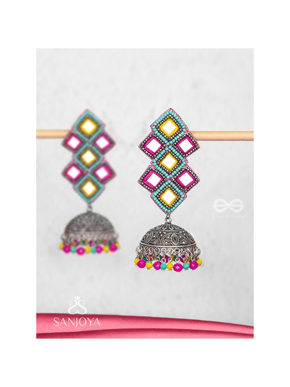 Vasantak - The Vibrant Kites- Mirrors, Resham And Beads Hand Embroidered Oxidised Jhumka Earrings