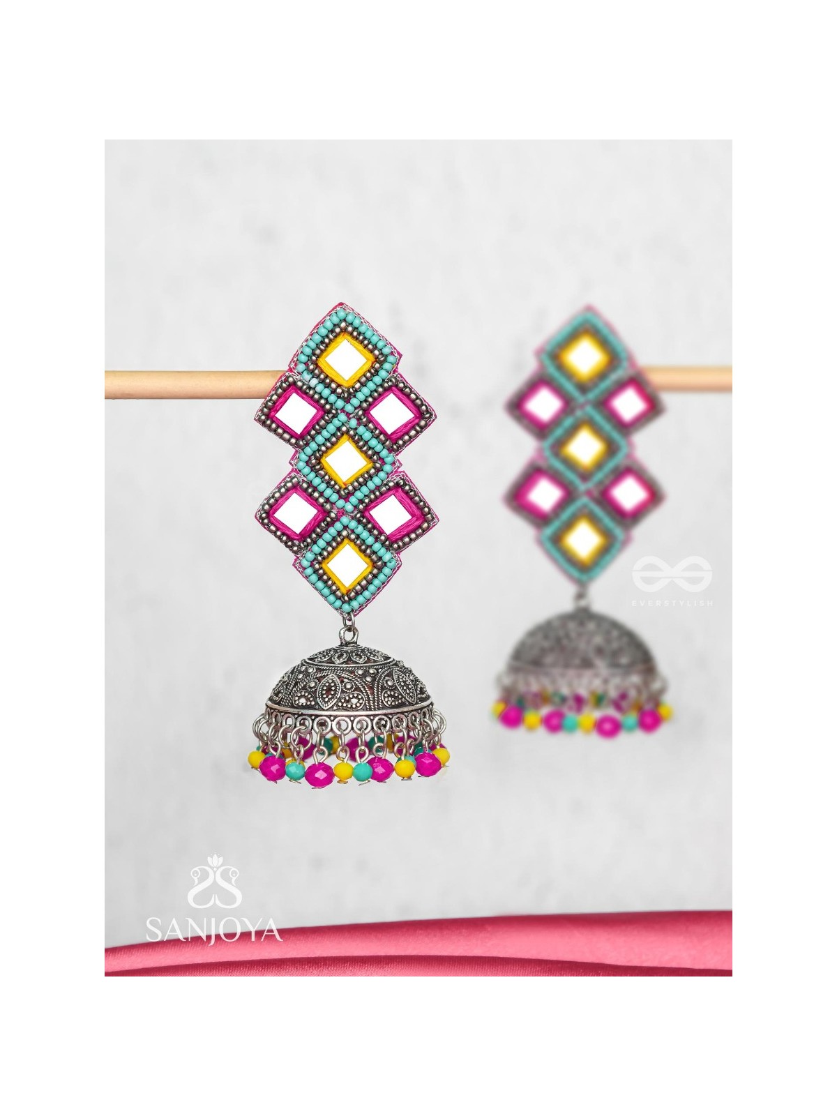 Vasantak - The Vibrant Kites- Mirrors, Resham And Beads Hand Embroidered Oxidised Jhumka Earrings