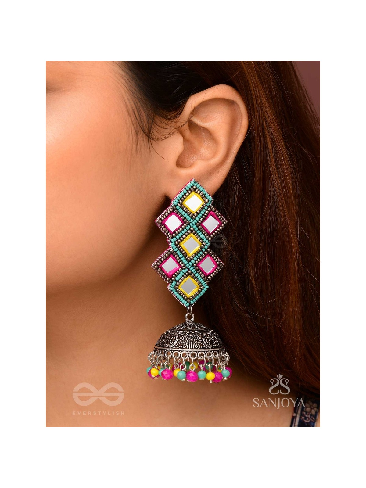 Vasantak - The Vibrant Kites- Mirrors, Resham And Beads Hand Embroidered Oxidised Jhumka Earrings