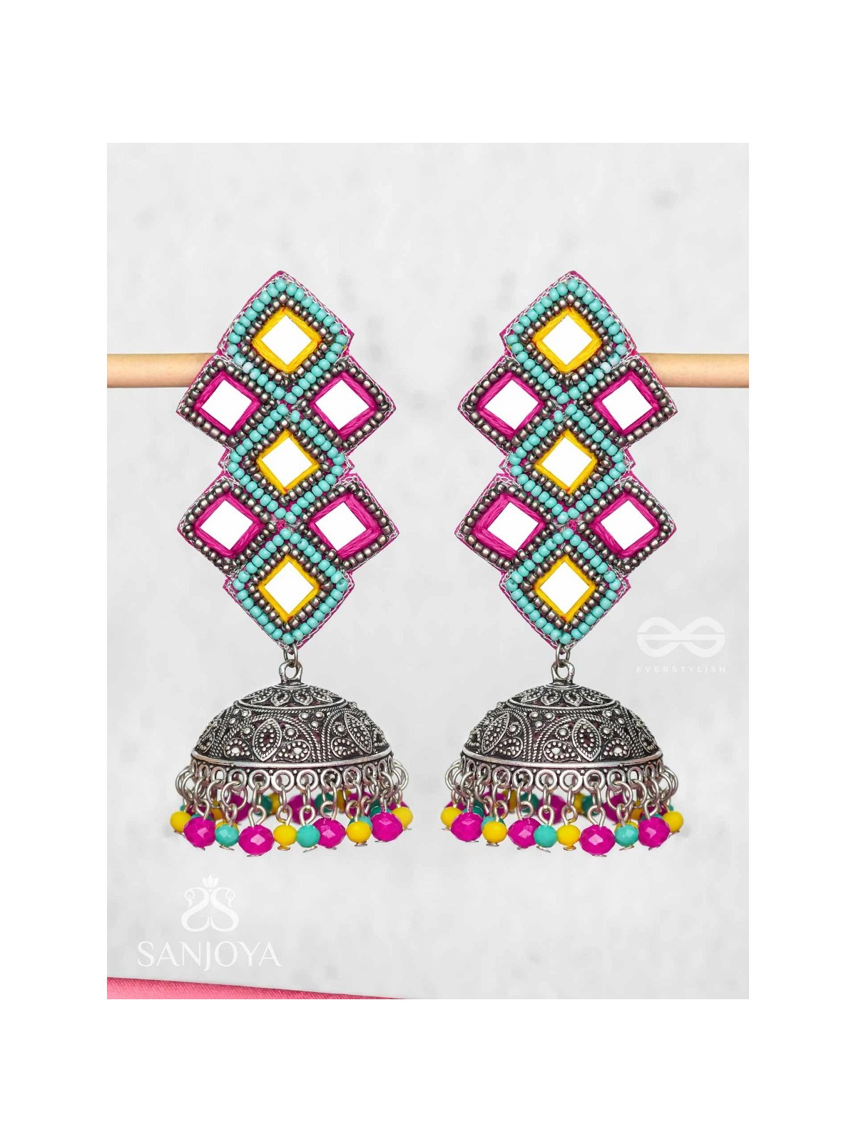 Vasantak - The Vibrant Kites- Mirrors, Resham And Beads Hand Embroidered Oxidised Jhumka Earrings