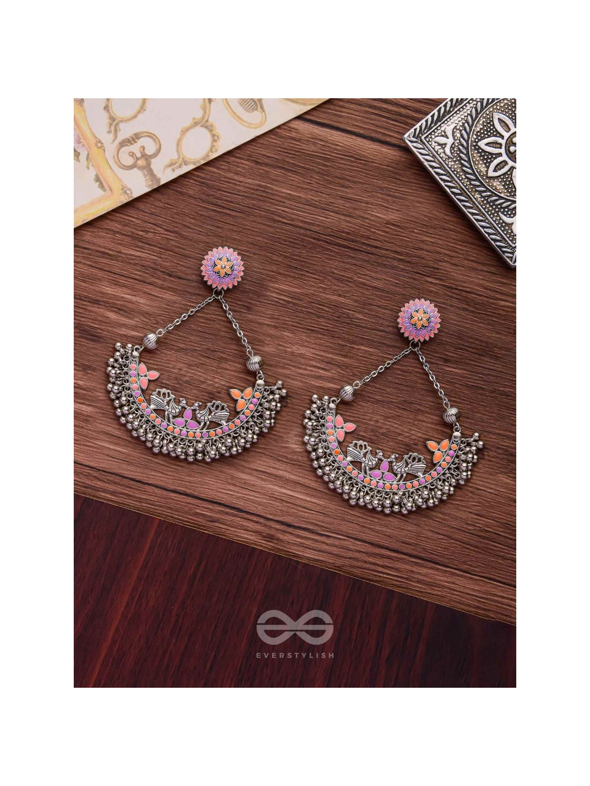 Mystical Peacocks In Coral - Enamelled Oxidised Earrings