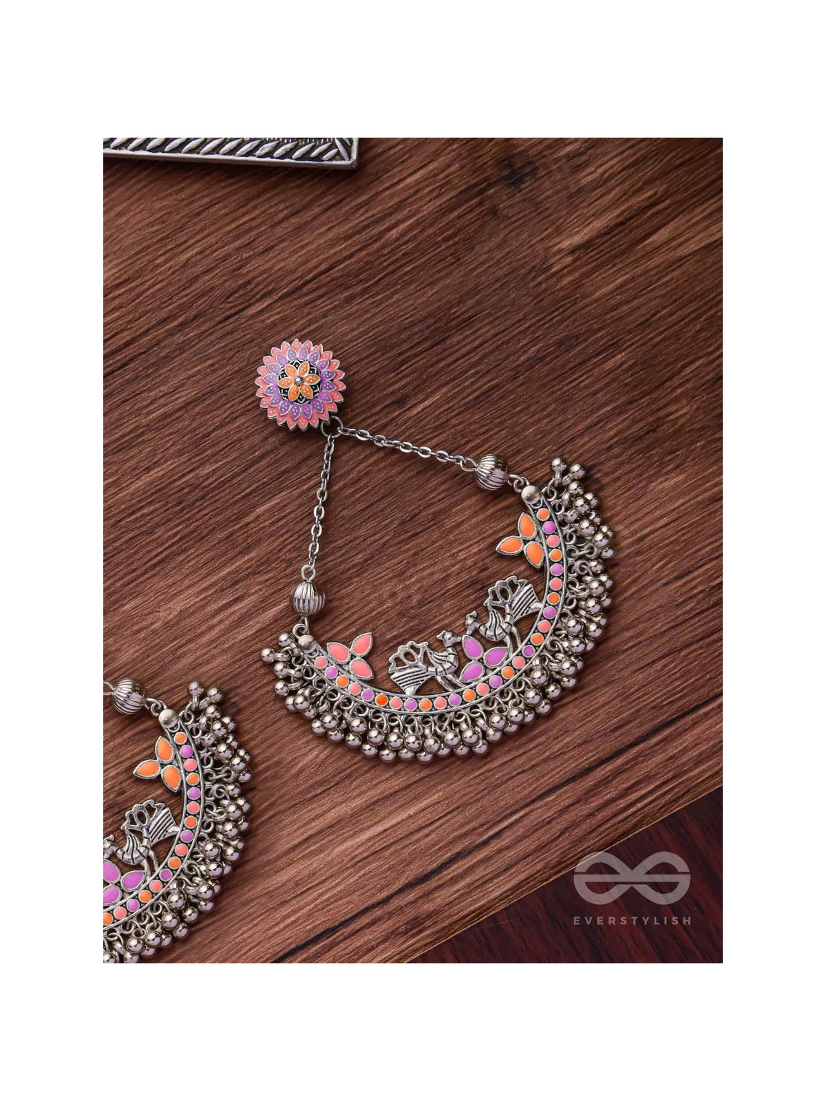 Mystical Peacocks In Coral - Enamelled Oxidised Earrings