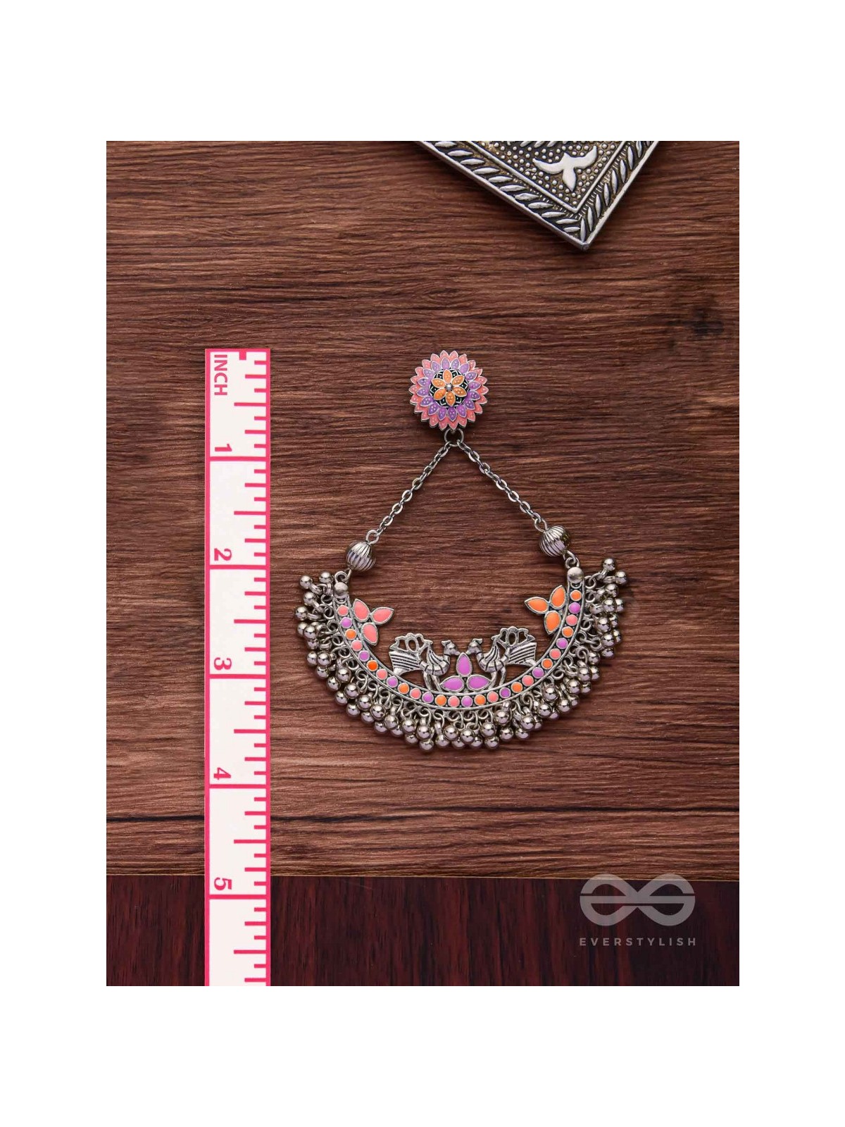 Mystical Peacocks In Coral - Enamelled Oxidised Earrings